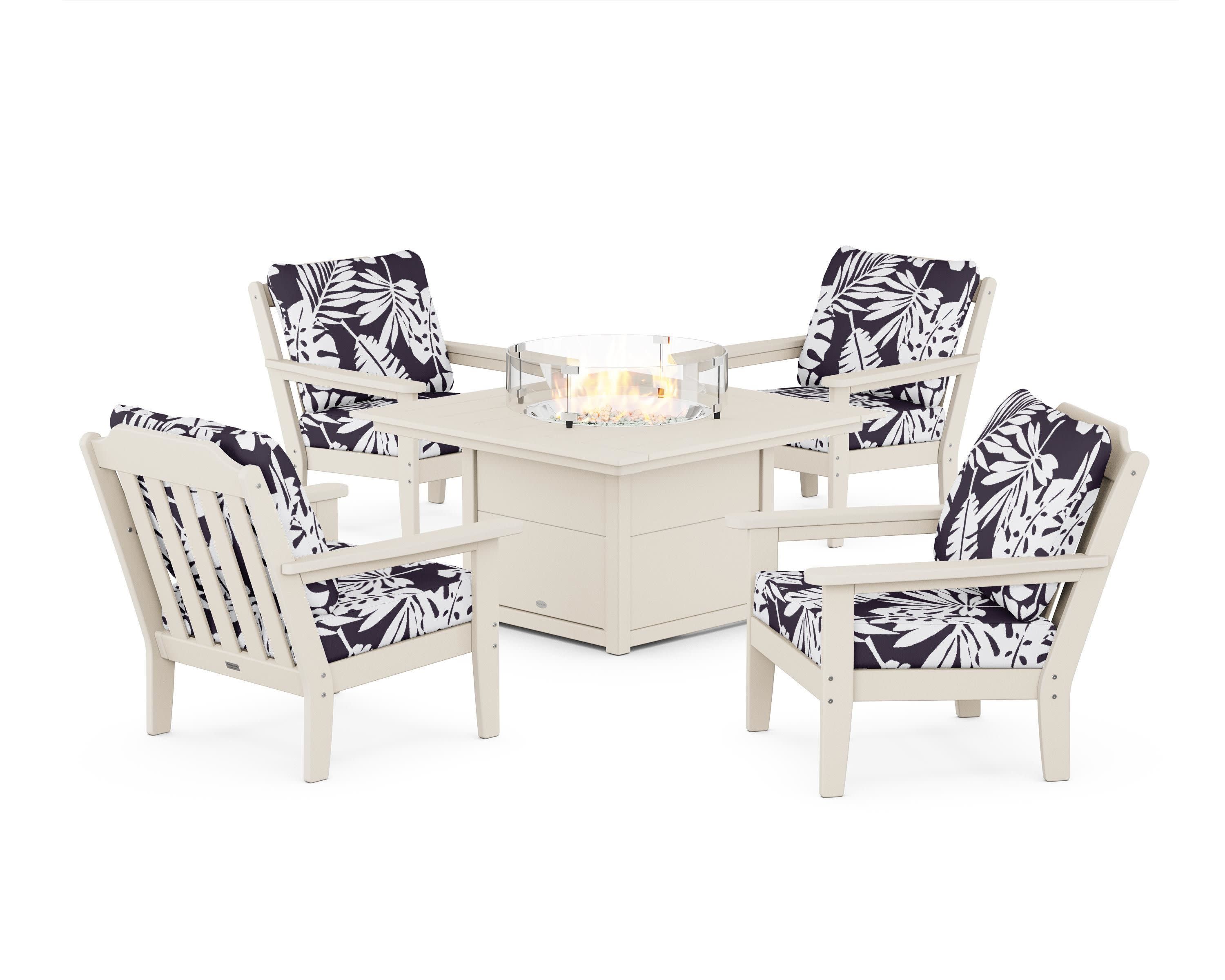 Cottage 5-Piece Deep Seating Set with Fire Pit Table in Sand / Leaf Navy
