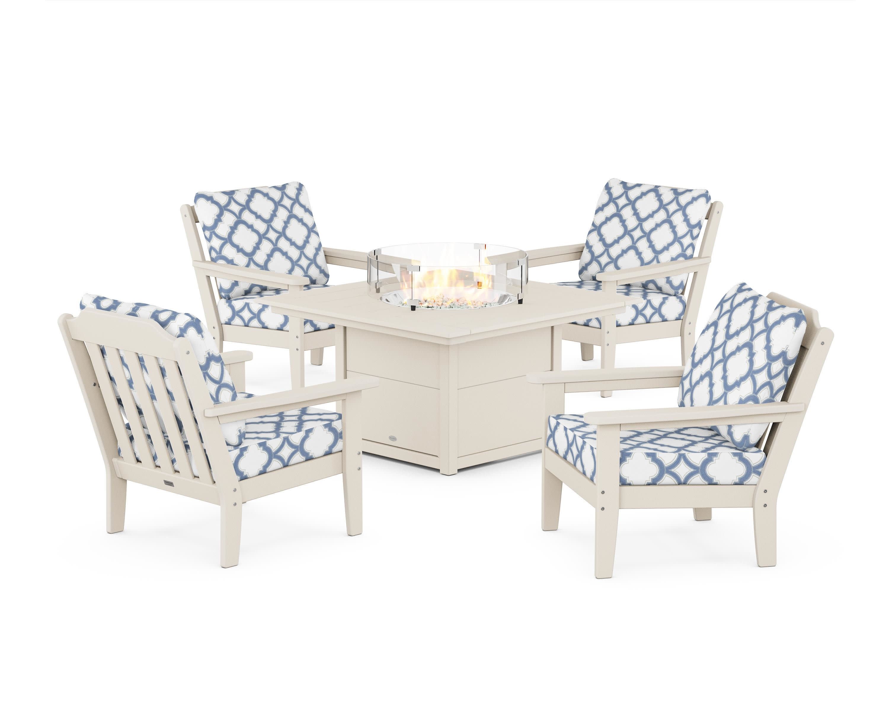 Cottage 5-Piece Deep Seating Set with Fire Pit Table in Sand / Trellis Sky Blue