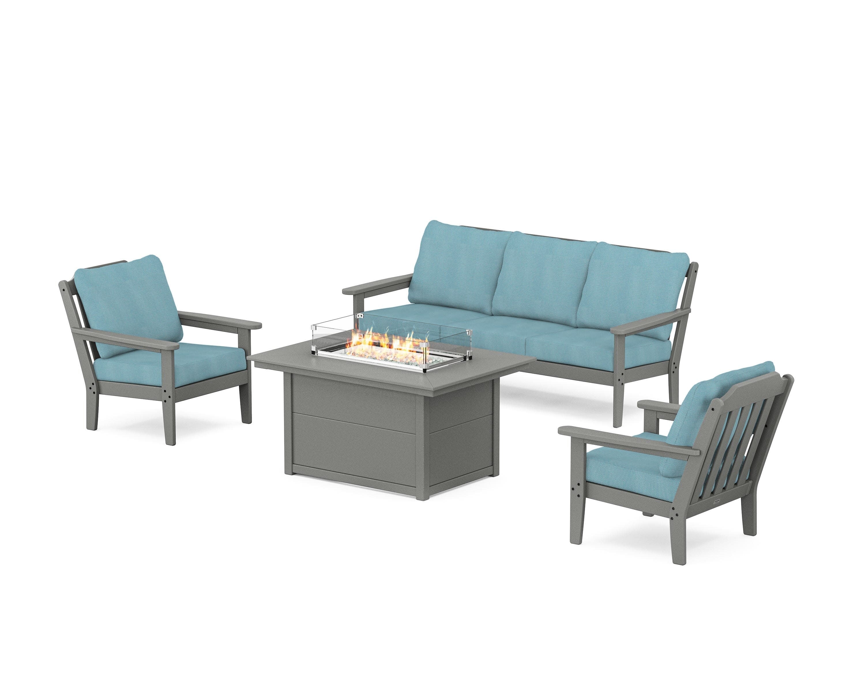 Cottage Deep Seating Fire Pit Table Set in Slate Grey / Lattice Sky Blue