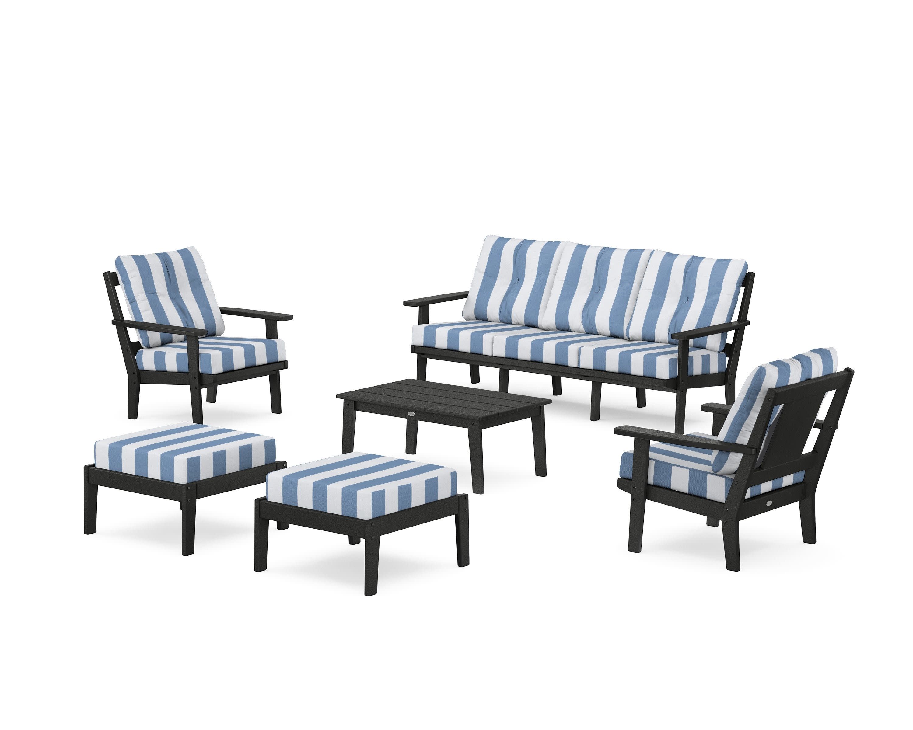 Prairie 6-Piece Lounge Sofa Set in Black / Cabana Stripe Sky Blue