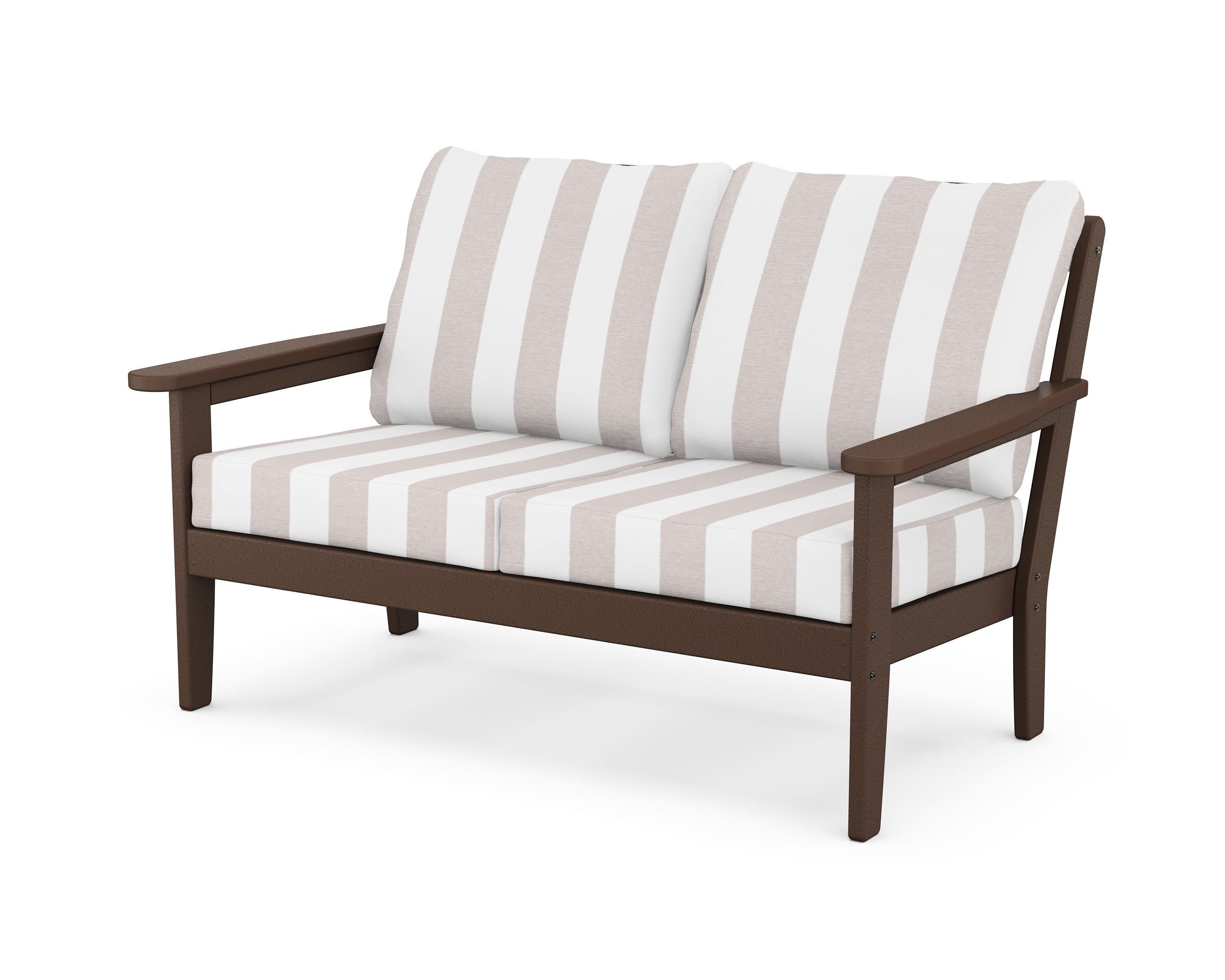 Cottage Deep Seating Loveseat in Mahogany / Cabana Stripe Dune Burlap
