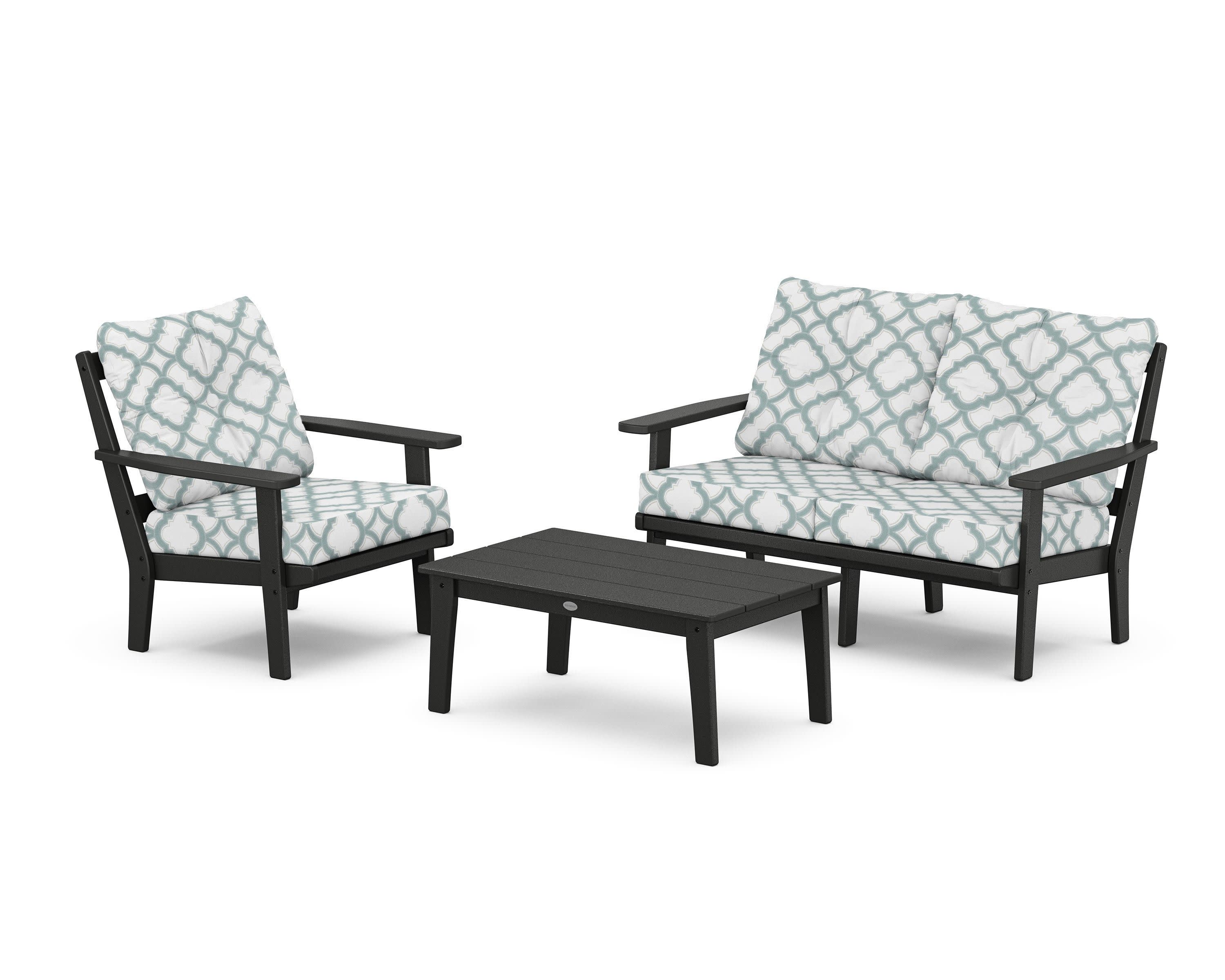 Prairie 3-Piece Deep Seating Set with Loveseat in Black / Trellis Glacier Spa
