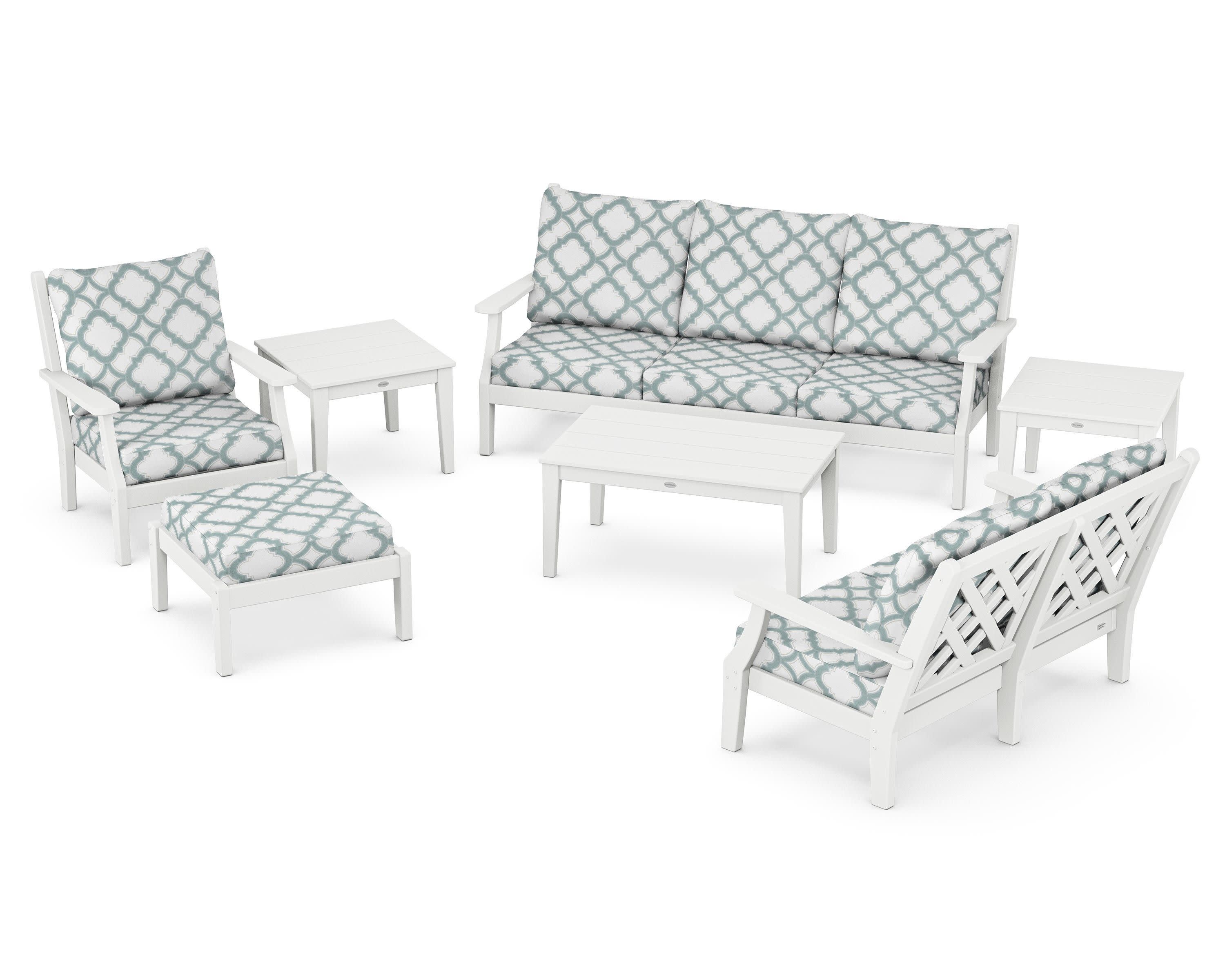 Wovendale 7-Piece Deep Seating Set in White / Trellis Glacier Spa