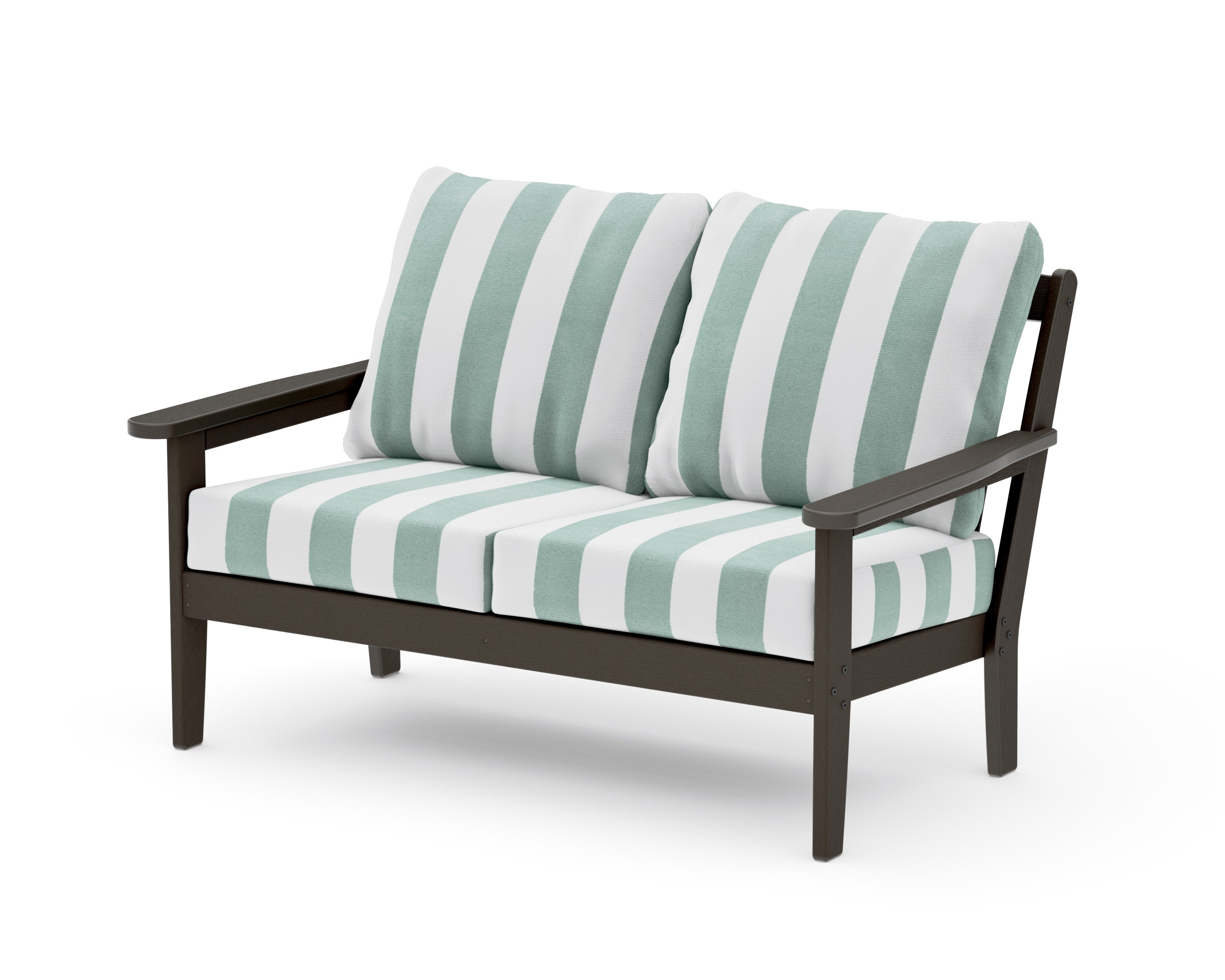 Cottage Deep Seating Loveseat in Vintage Coffee / Cabana Stripe Glacier Spa