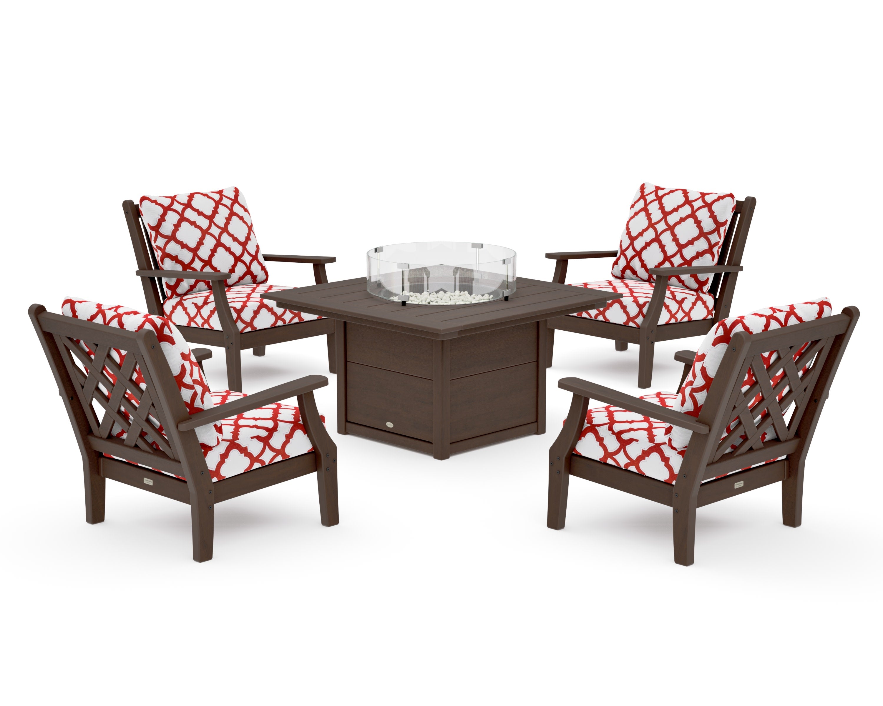 Wovendale 5-Piece Deep Seating Set with Fire Pit Table in Kona / Trellis Crimson