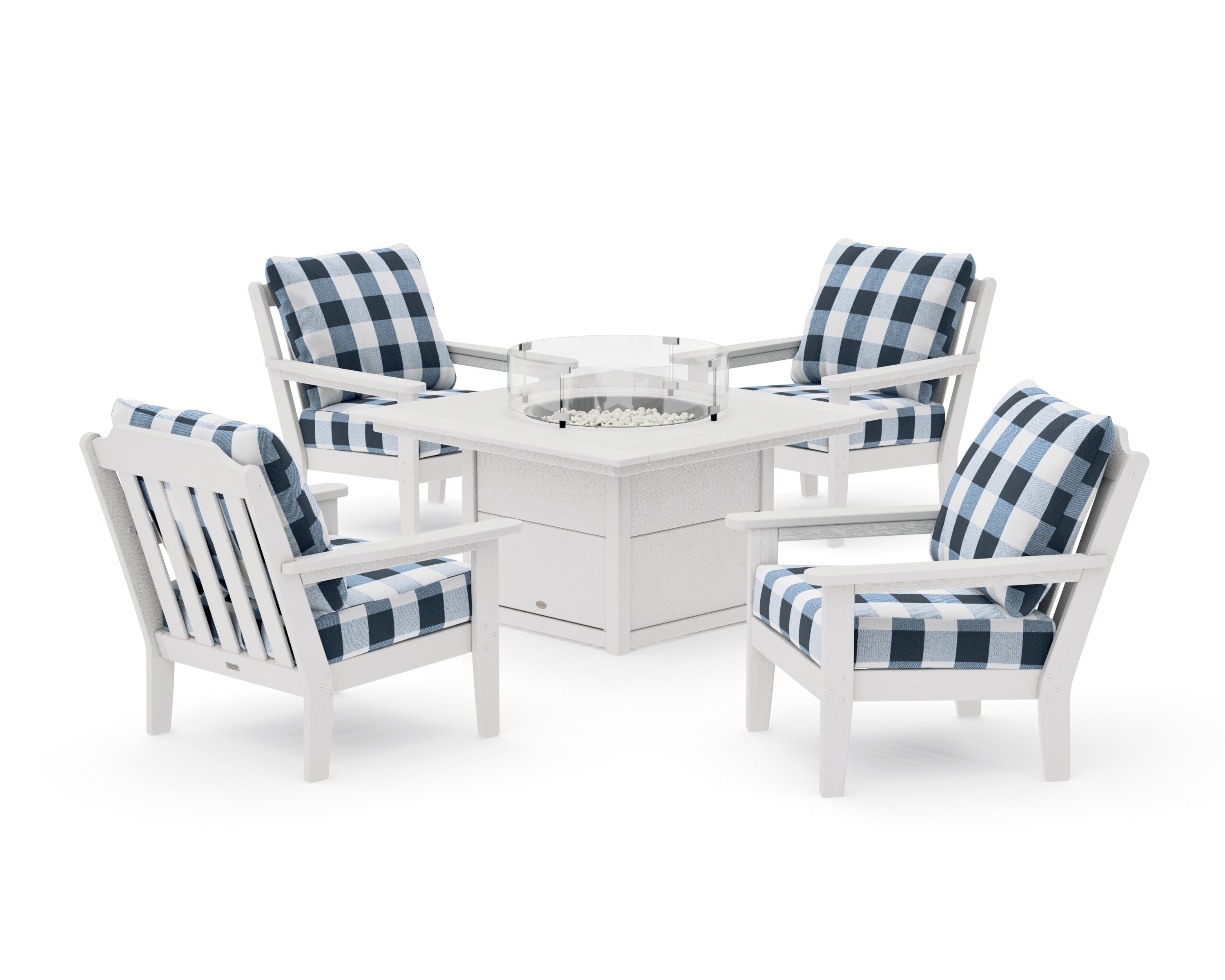 Cottage 5-Piece Deep Seating Set with Fire Pit Table in Vintage White / Buffalo Plaid Marine Indigo