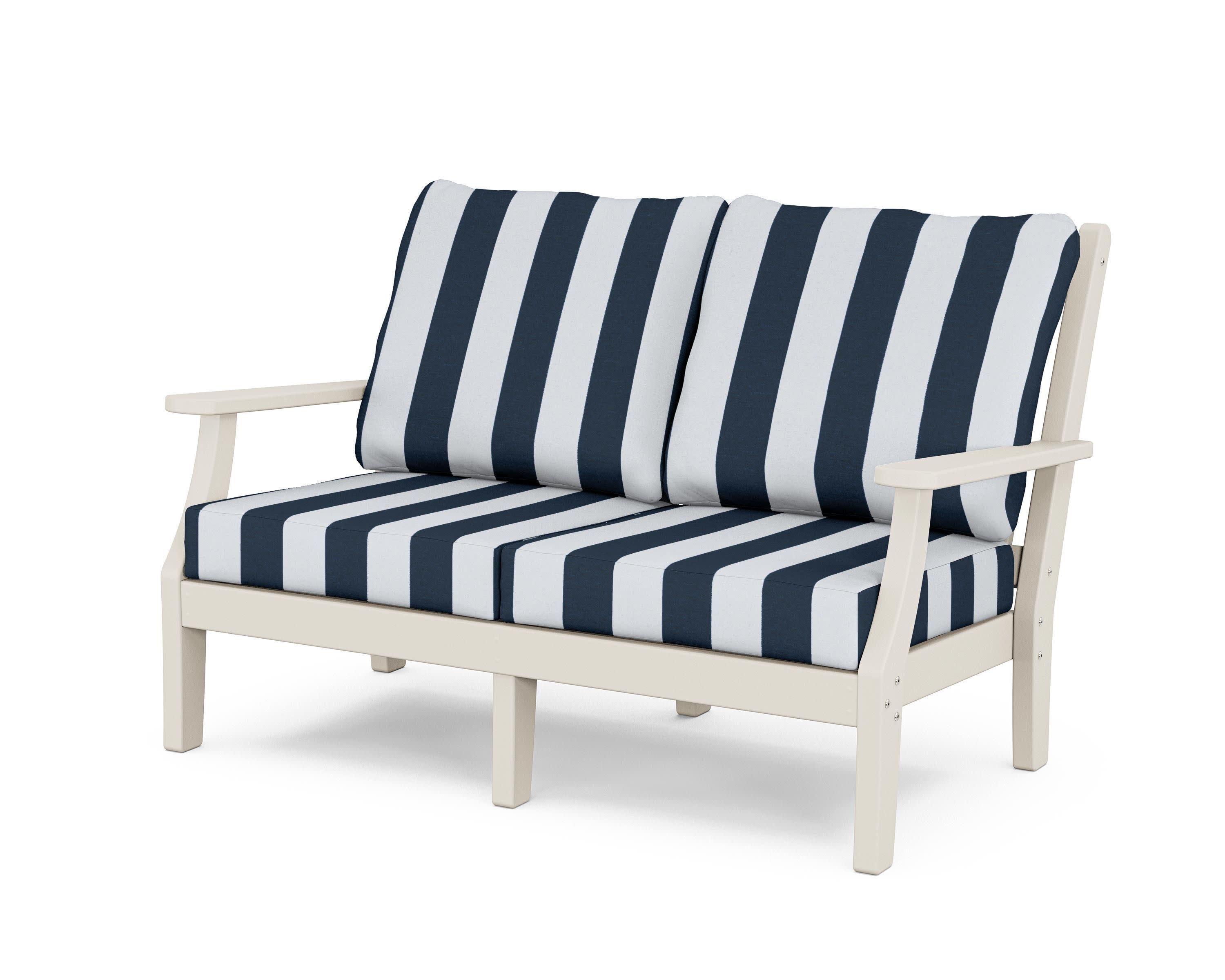 Wovendale Deep Seating Loveseat in Sand / Cabana Stripe Marine Indigo