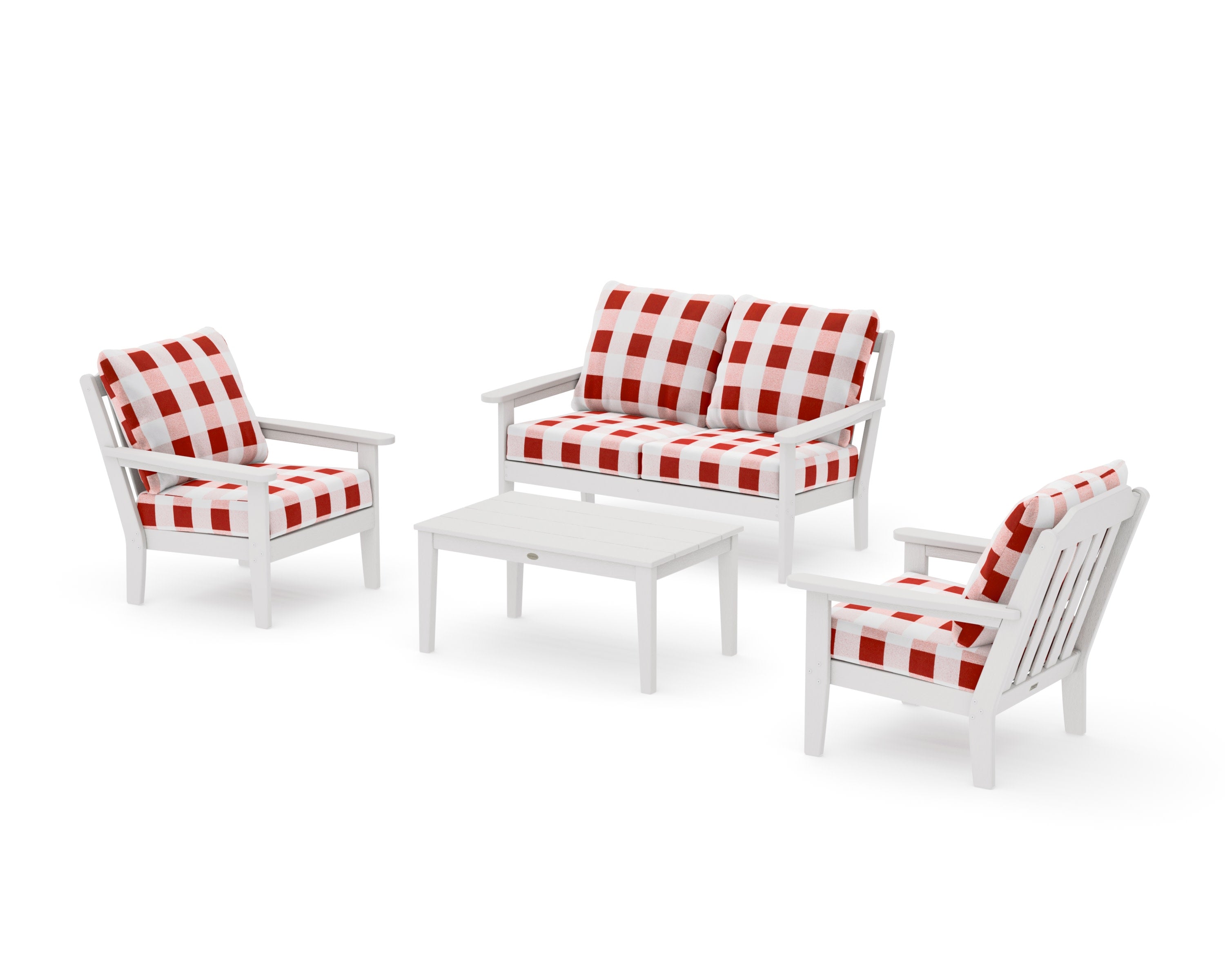 Cottage 4-Piece Deep Seating Set with Loveseat in Vintage White / Buffalo Plaid Crimson