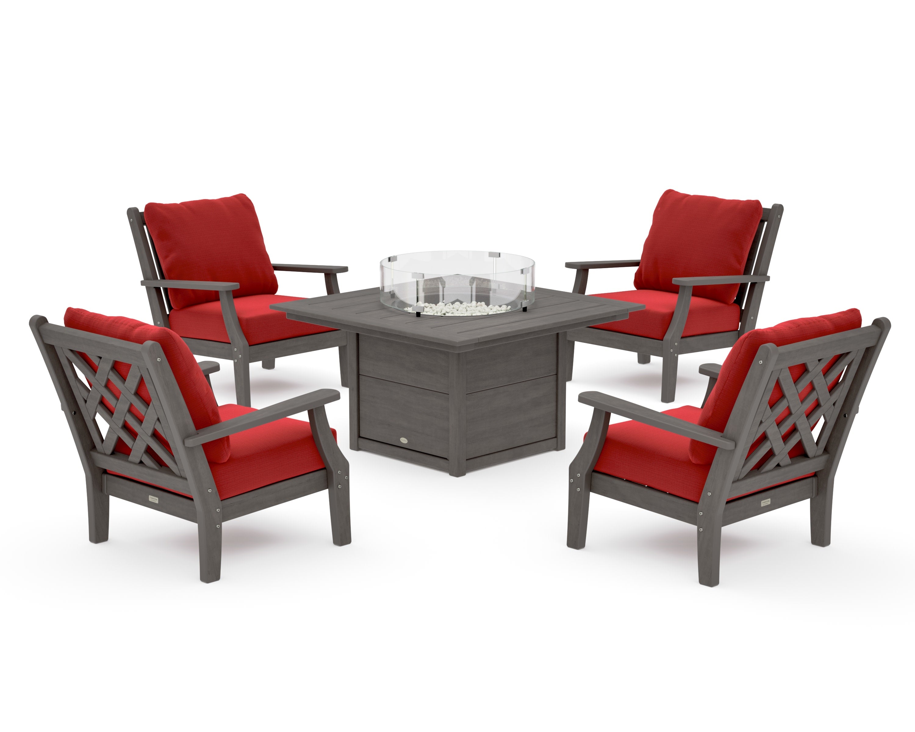 Wovendale 5-Piece Deep Seating Set with Fire Pit Table in Driftwood / Crimson Linen