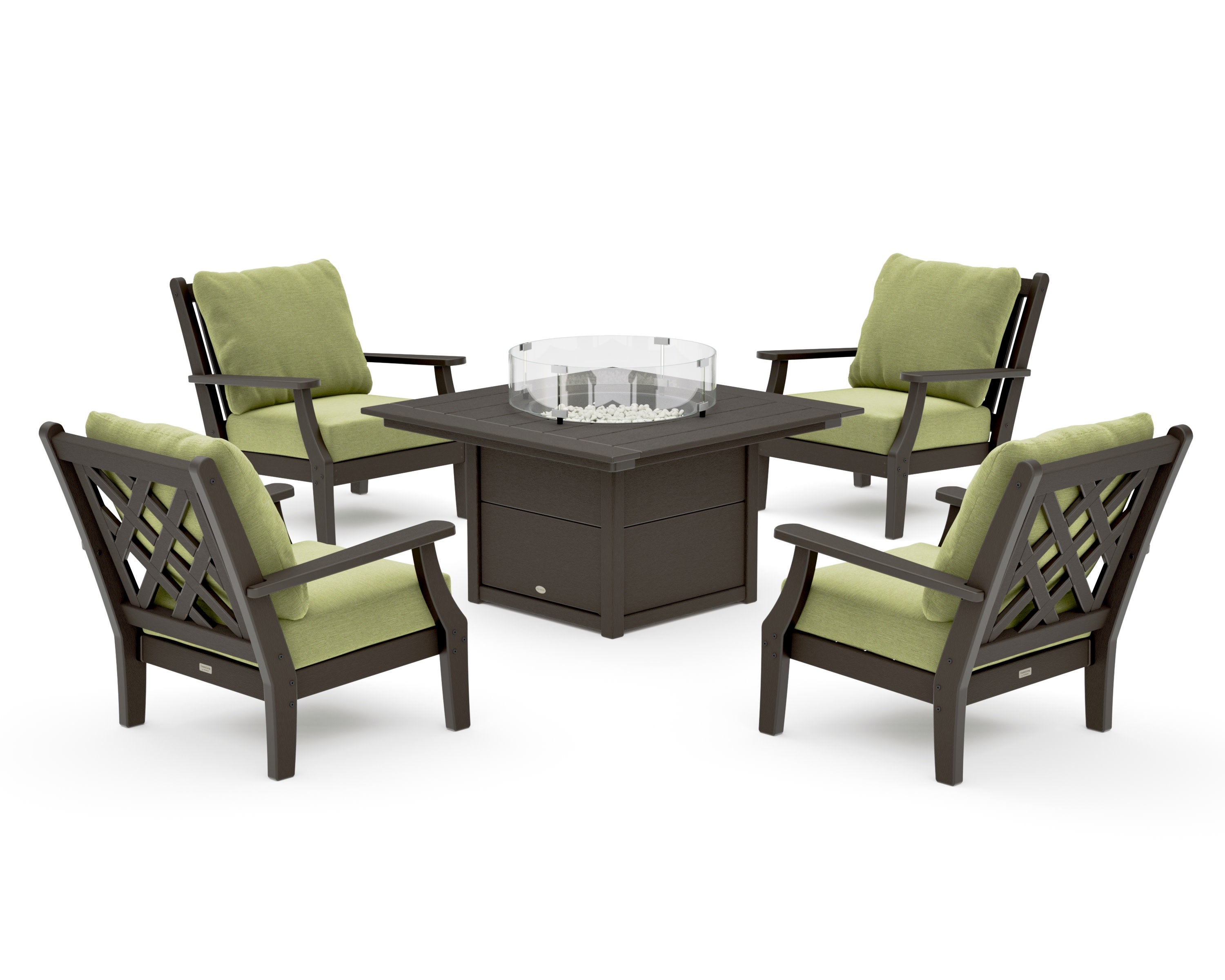 Wovendale 5-Piece Deep Seating Set with Fire Pit Table in Vintage Coffee / Chartreuse Boucle