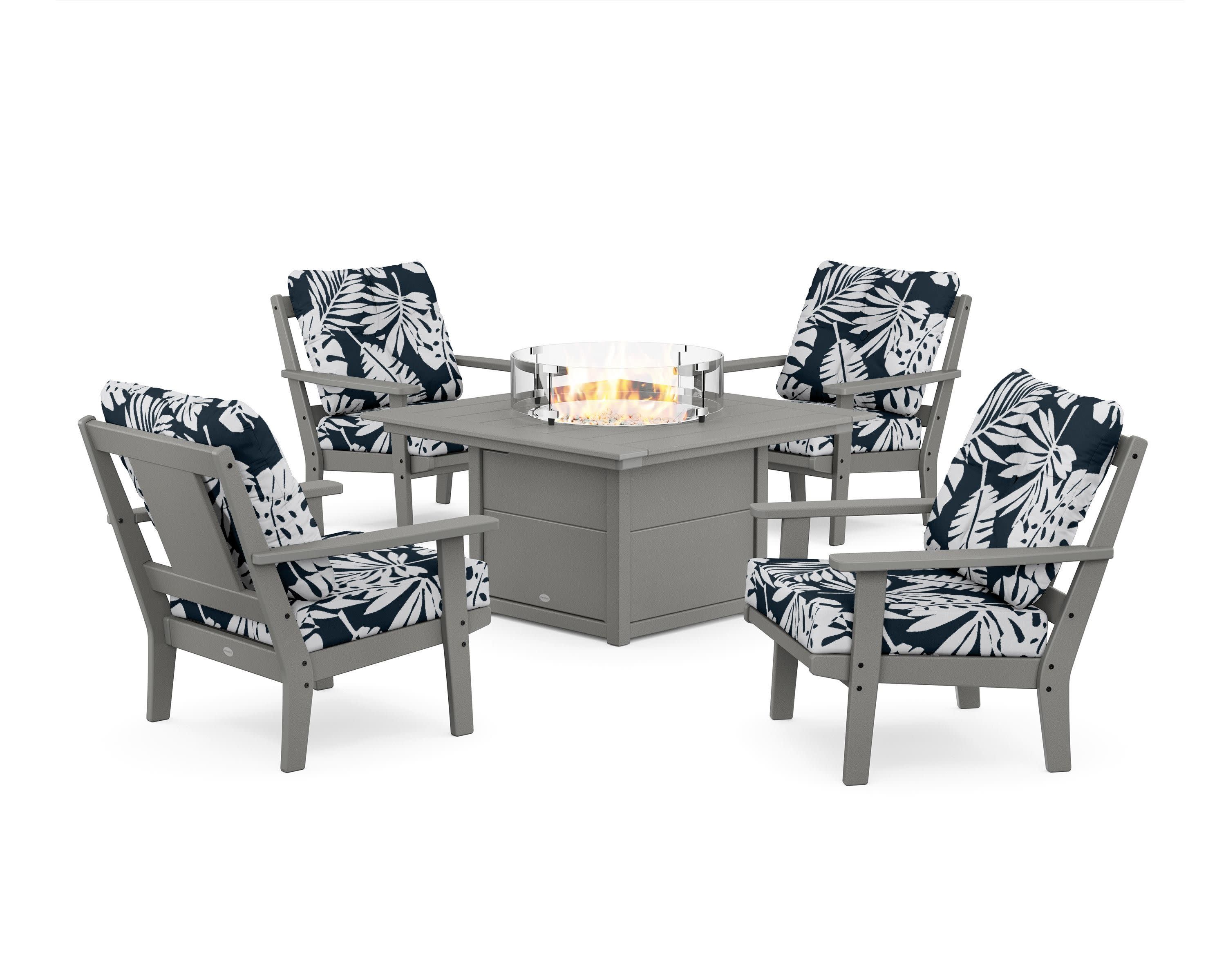 Prairie 5-Piece Deep Seating Set with Fire Pit Table in Slate Grey / Leaf Marine Indigo
