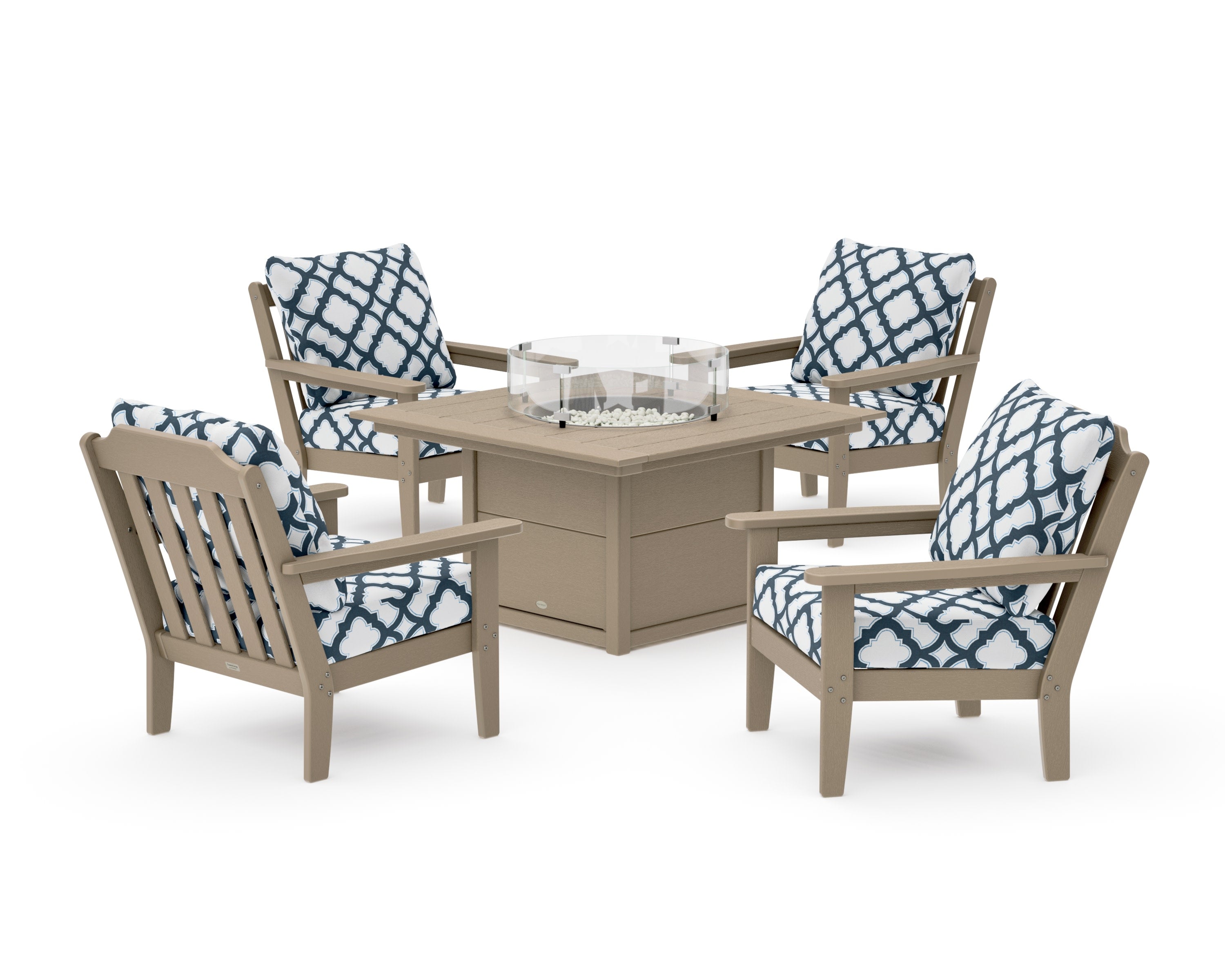 Cottage 5-Piece Deep Seating Set with Fire Pit Table in Vintage Sahara / Trellis Marine Indigo