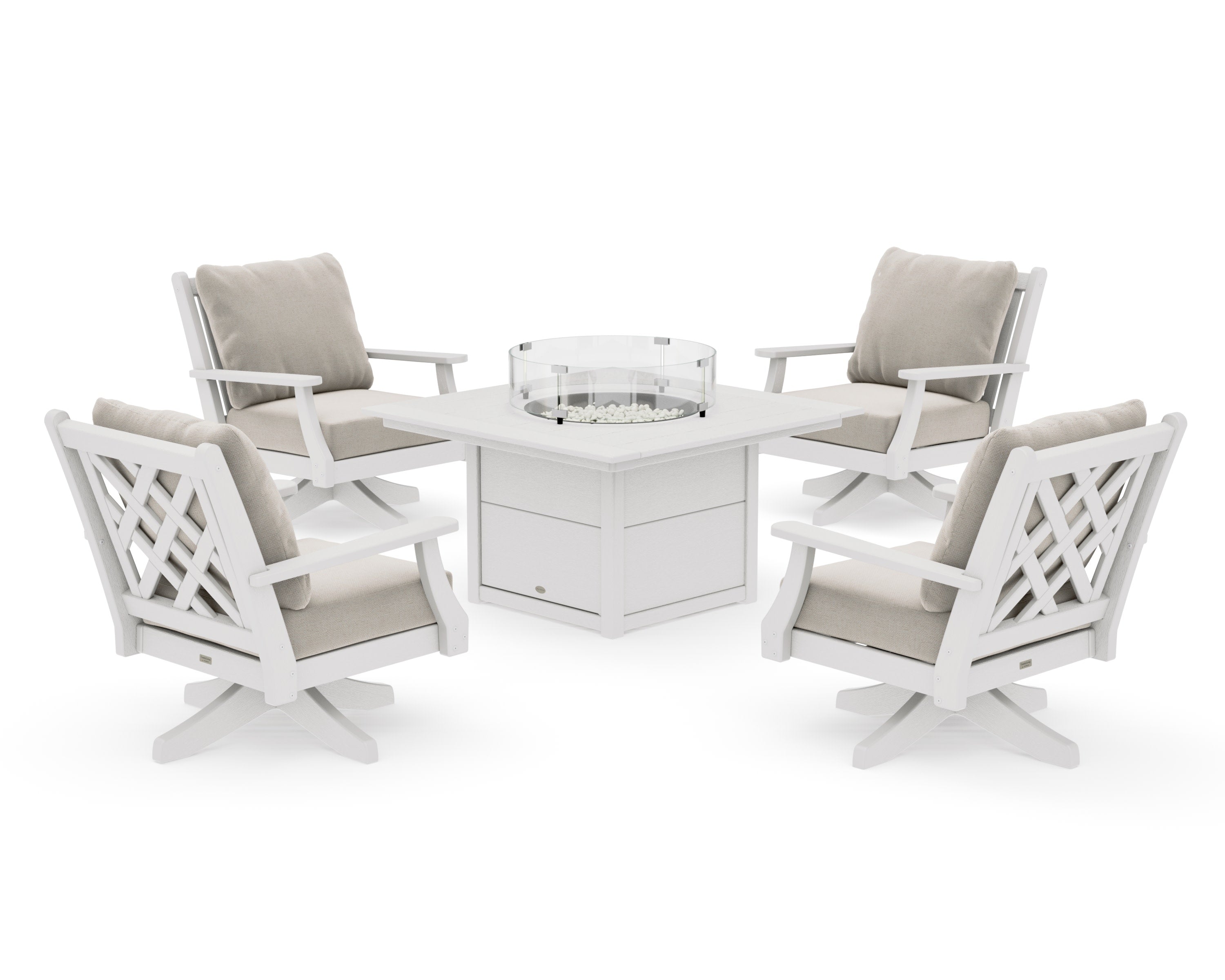 Wovendale 5-Piece Deep Seating Swivel Conversation Set with Fire Pit Table in Vintage White / Dune Burlap