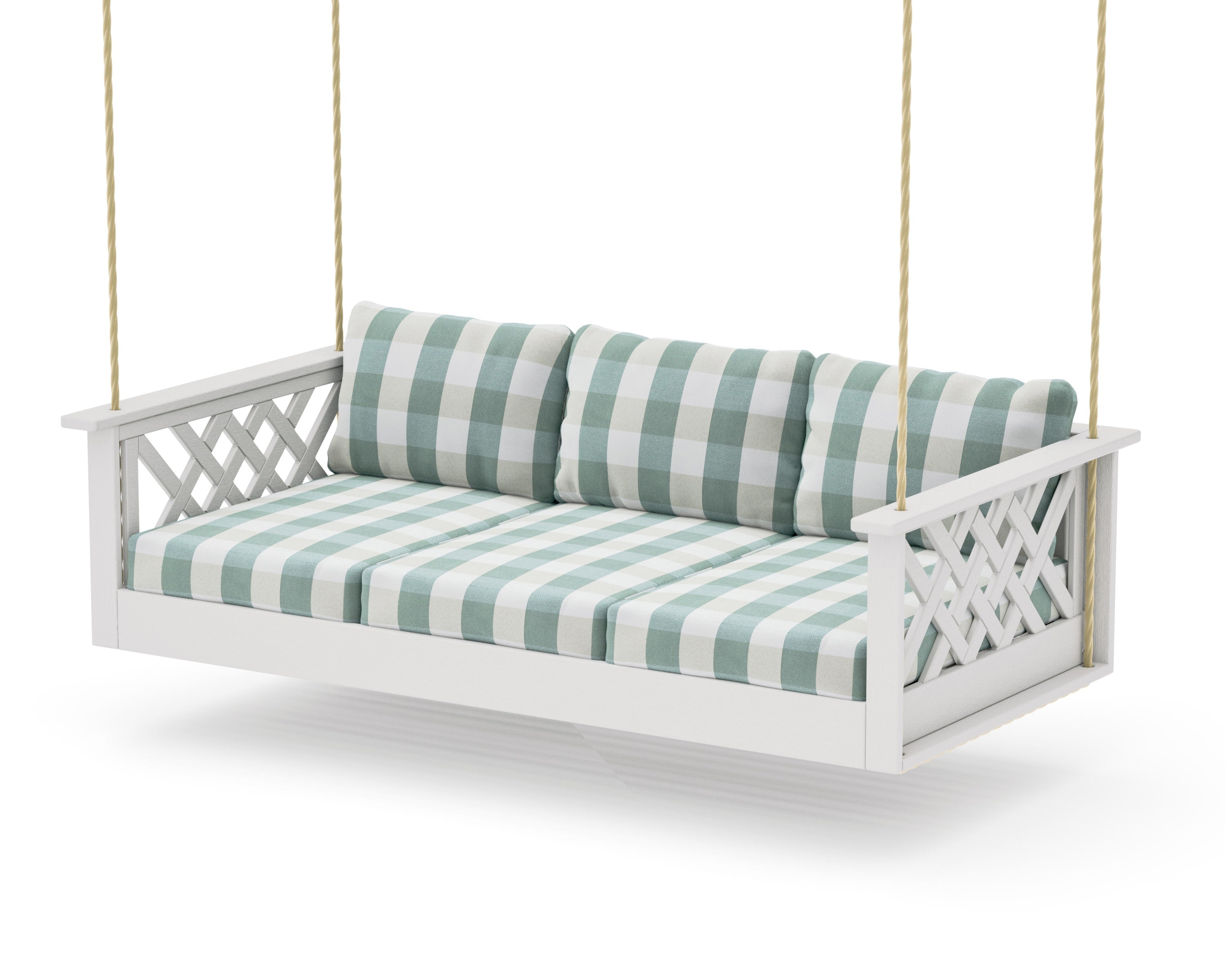 Wovendale Daybed Swing in Vintage White / Buffalo Plaid Glacier Spa