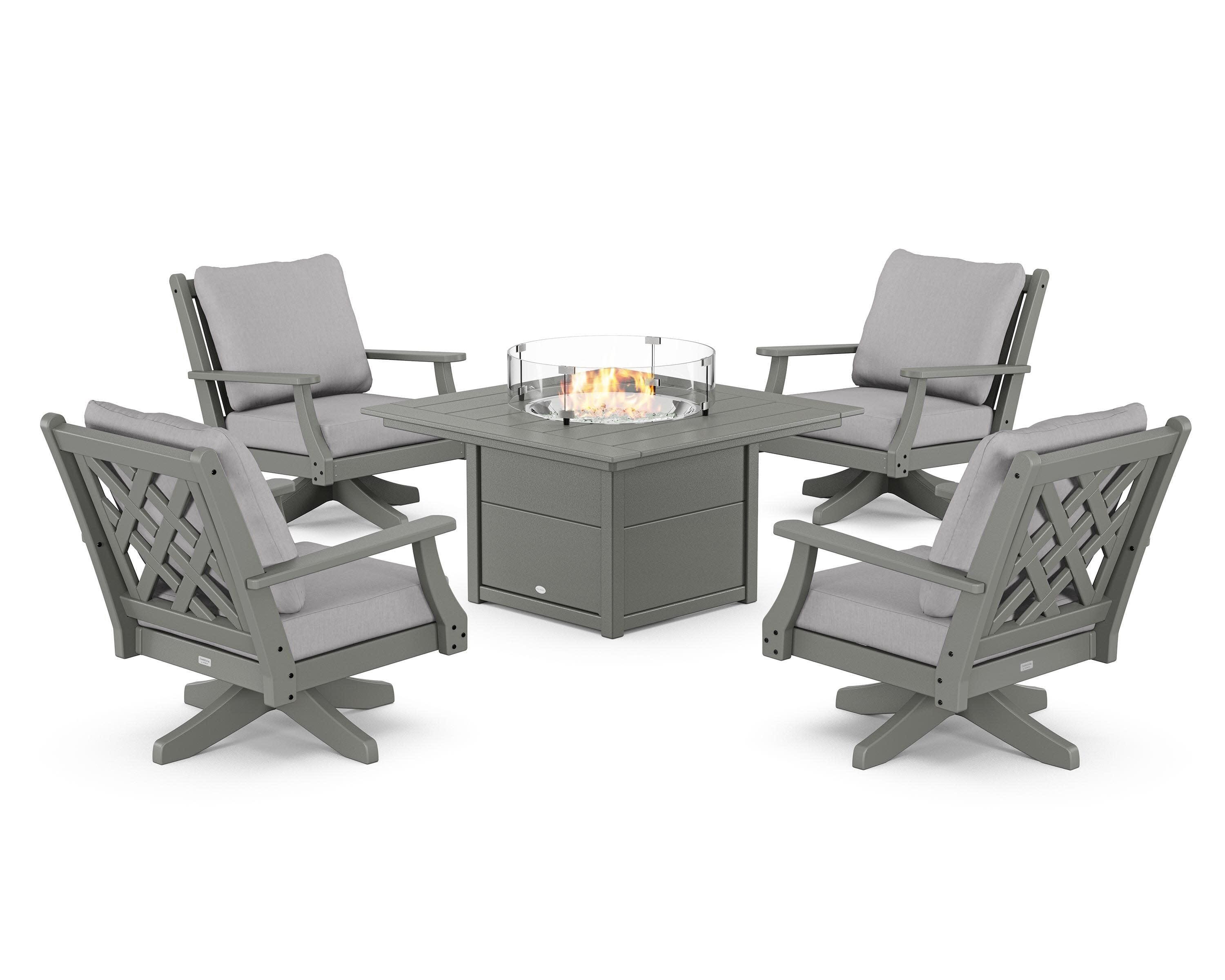 Wovendale 5-Piece Deep Seating Swivel Conversation Set with Fire Pit Table in Slate Grey / Granite