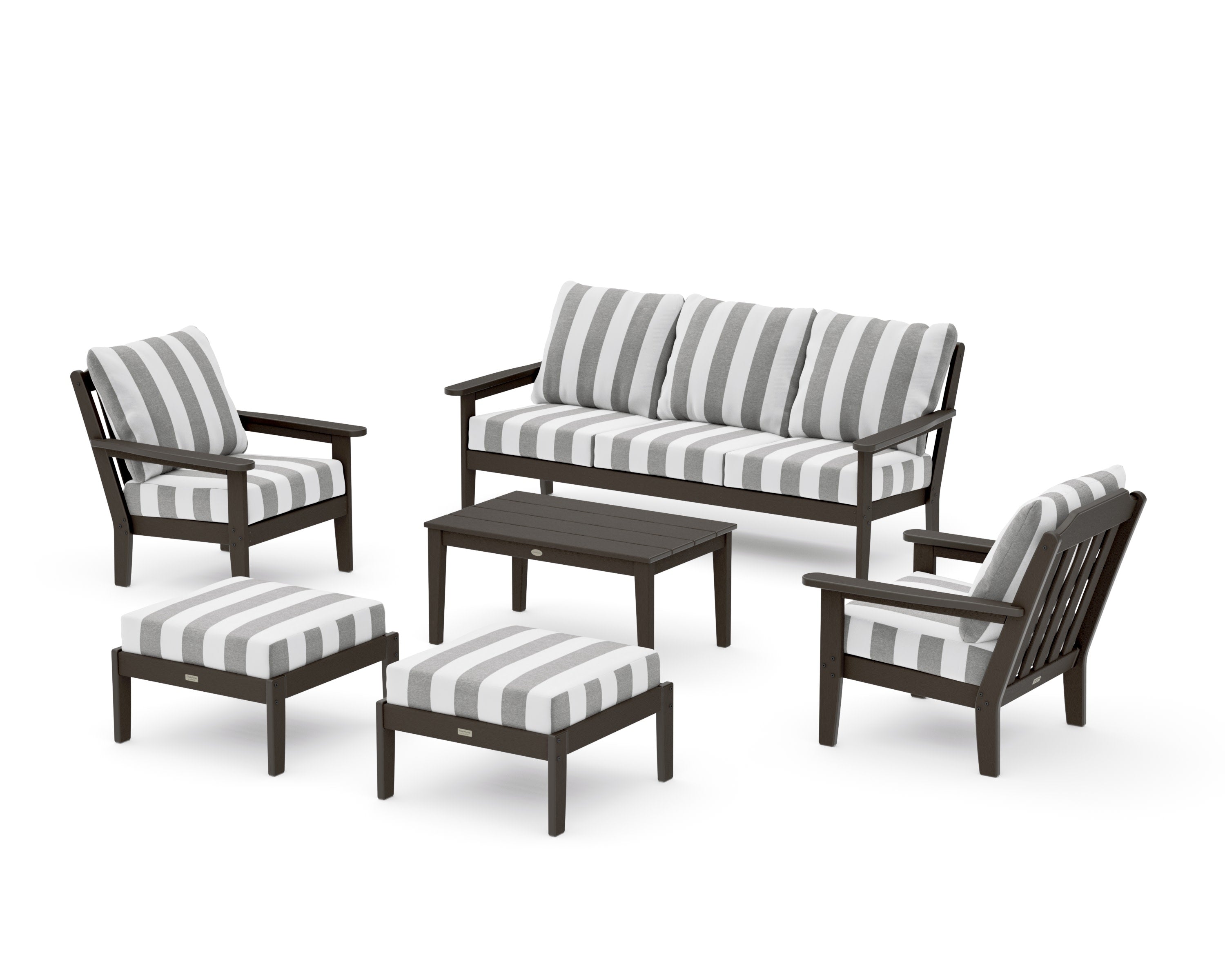 Cottage 6-Piece Lounge Sofa Set in Vintage Coffee / Cabana Stripe Grey Mist
