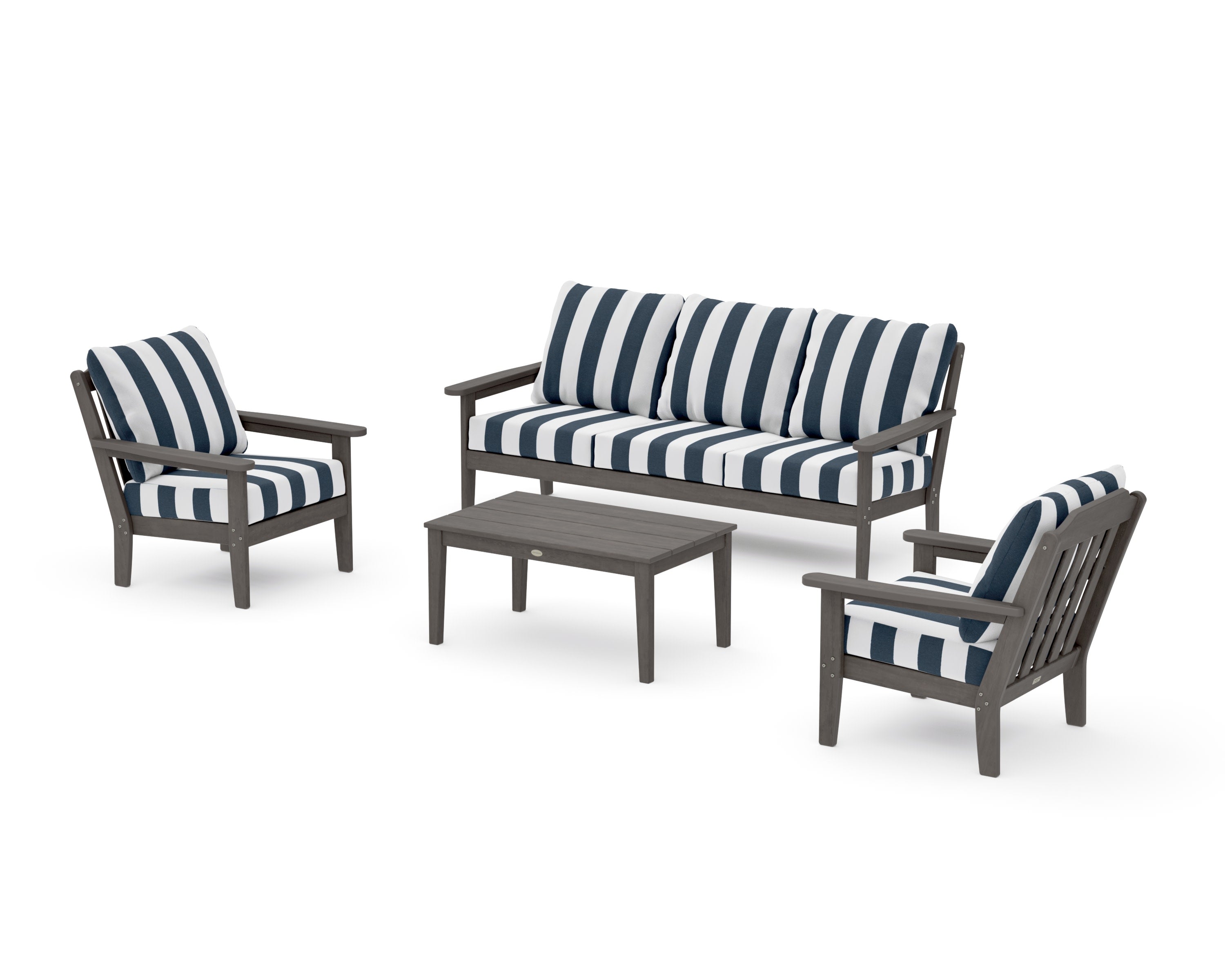 Cottage 4-Piece Deep Seating Set with Sofa in Driftwood / Cabana Stripe Marine Indigo