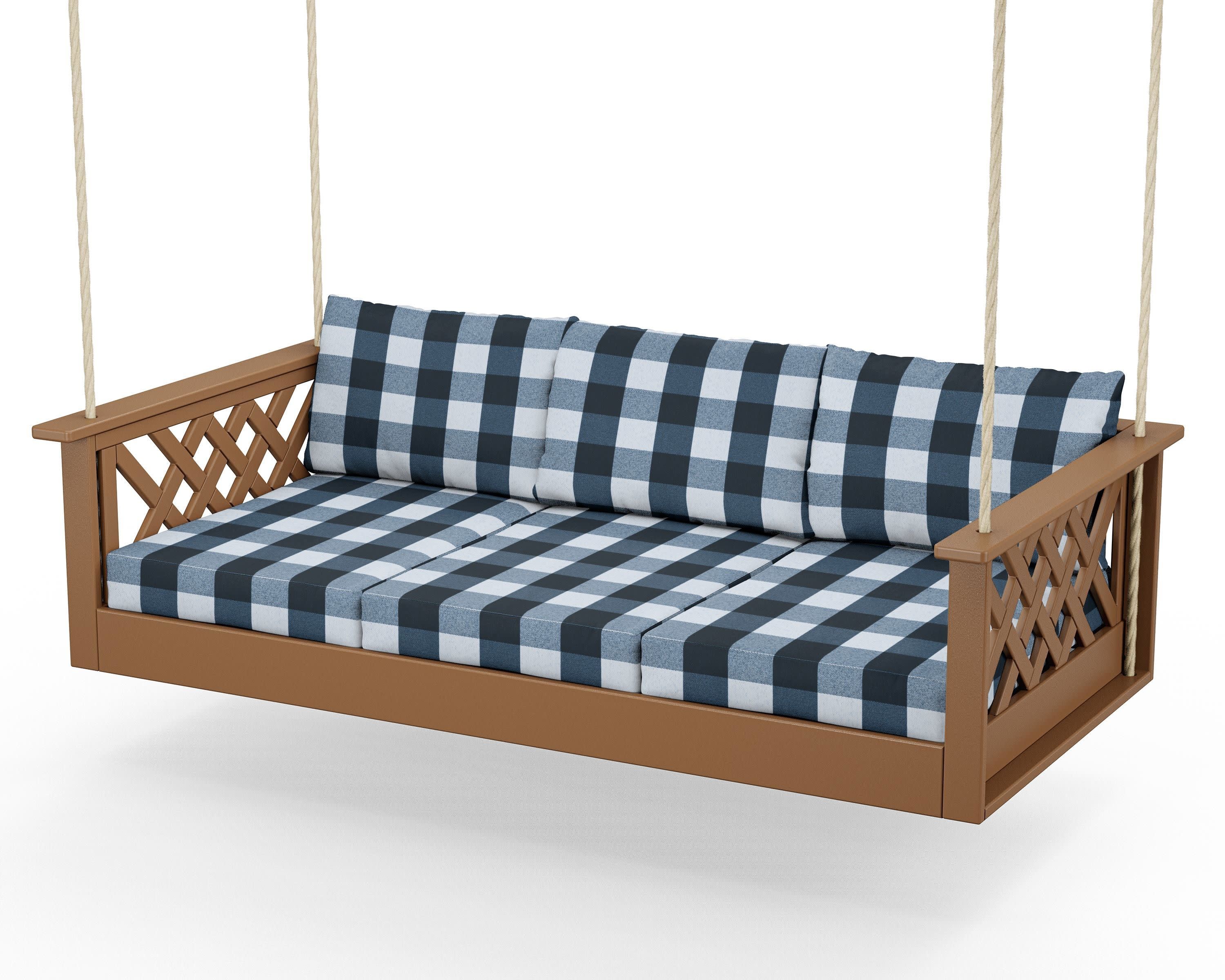 Wovendale Daybed Swing in Teak / Buffalo Plaid Marine Indigo
