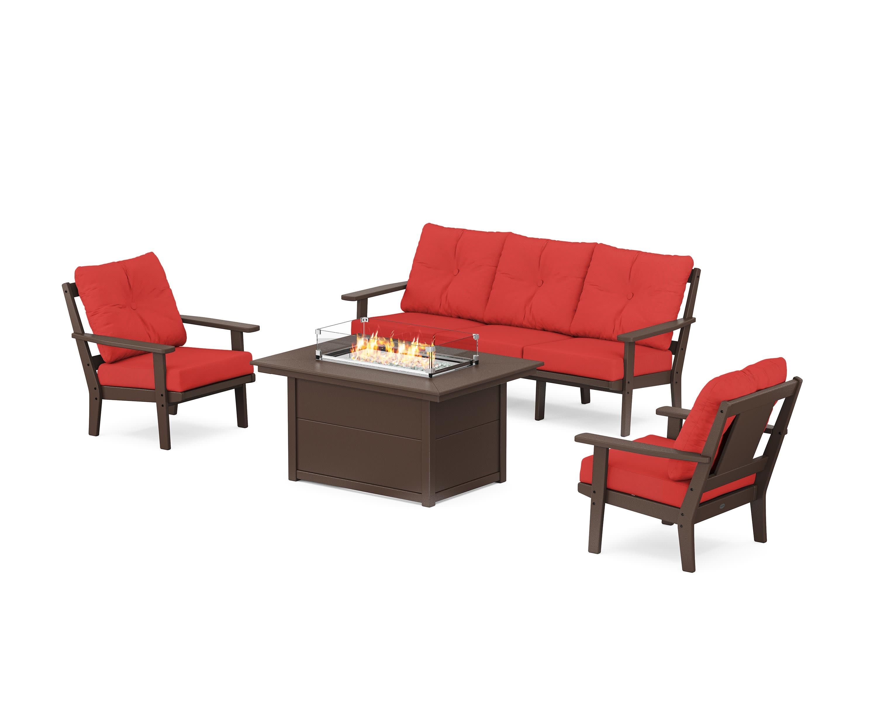Prairie Deep Seating Fire Pit Table Set in Mahogany / Crimson Linen