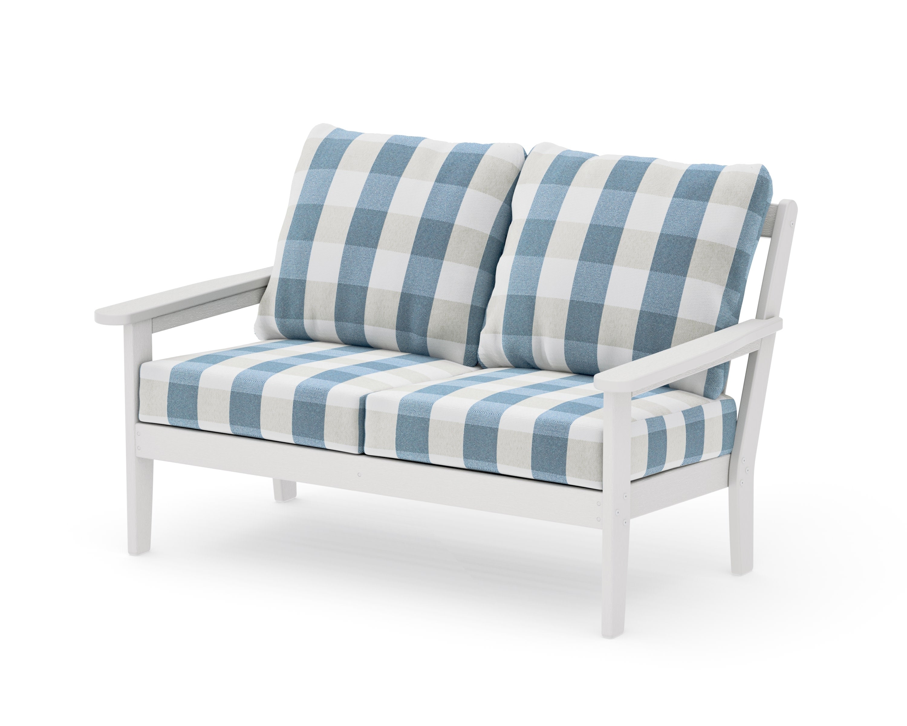 Cottage Deep Seating Loveseat in Vintage White / Buffalo Plaid Sky Blue