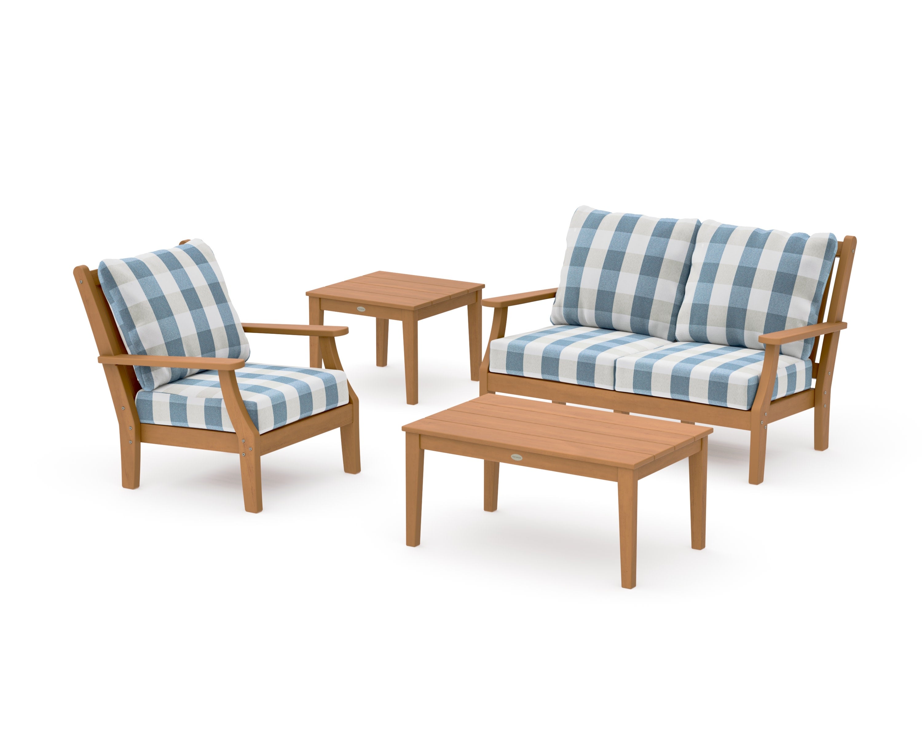 Wovendale 4-Piece Deep Seating Set in Natural / Buffalo Plaid Sky Blue