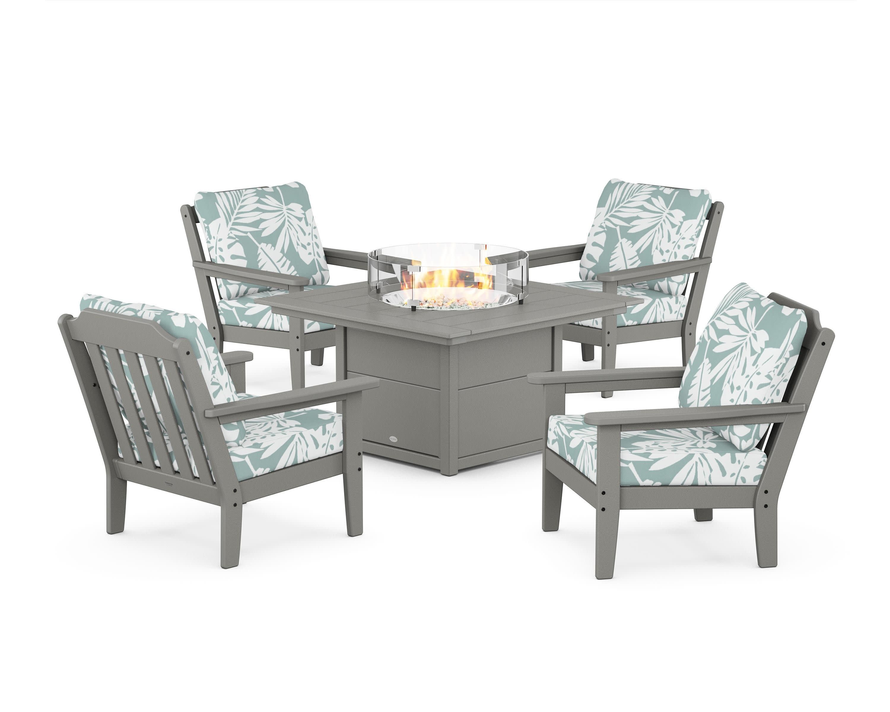 Cottage 5-Piece Deep Seating Set with Fire Pit Table in Slate Grey / Leaf Glacier Spa