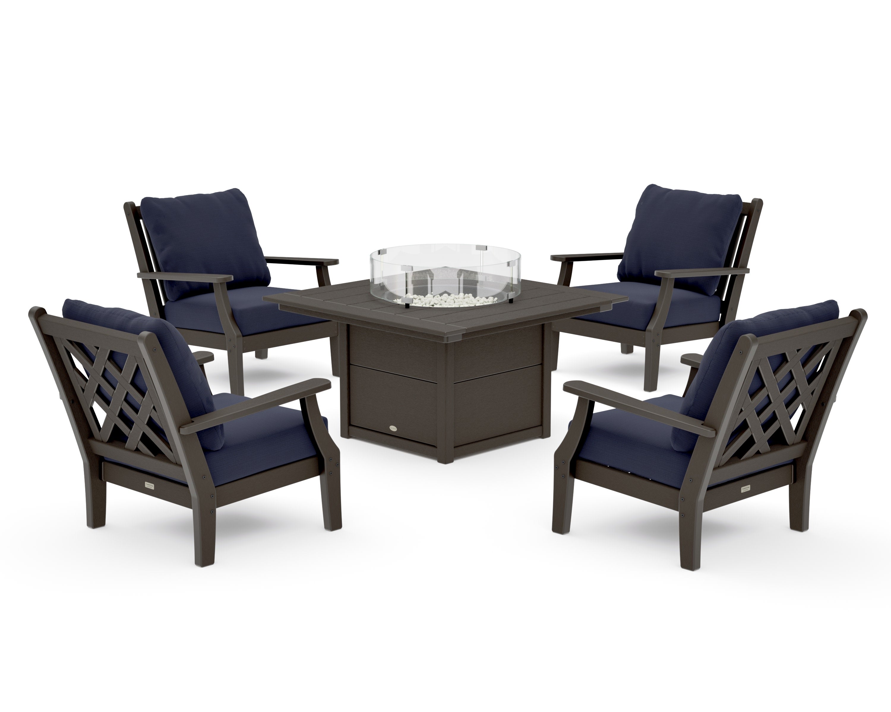 Wovendale 5-Piece Deep Seating Set with Fire Pit Table in Vintage Coffee / Navy Linen