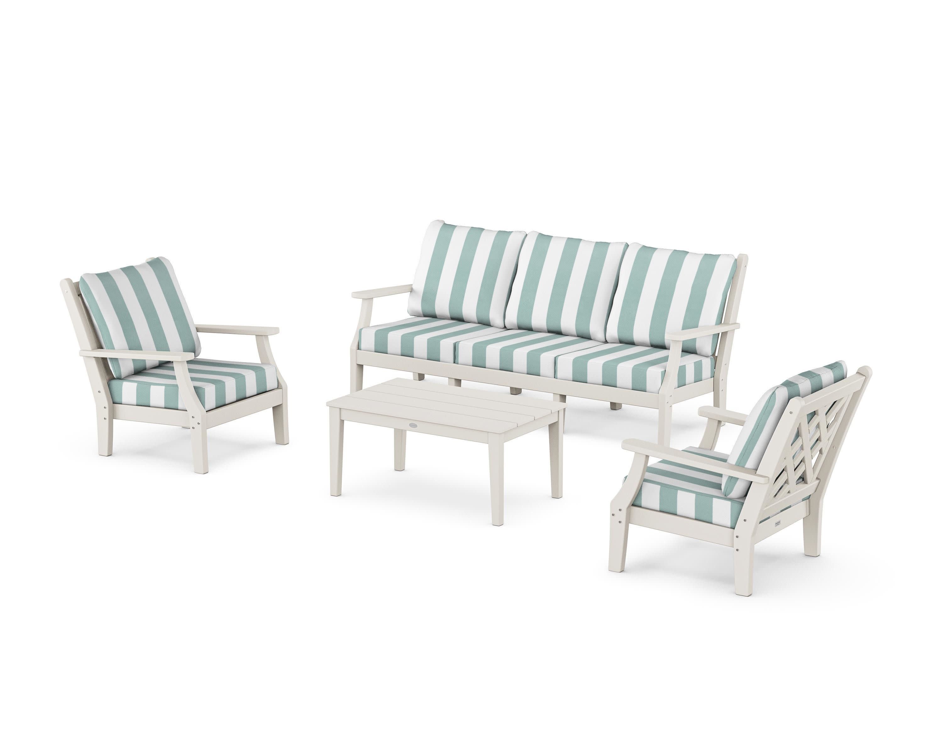 Wovendale 4-Piece Deep Seating Set with Sofa in Sand / Cabana Stripe Glacier Spa