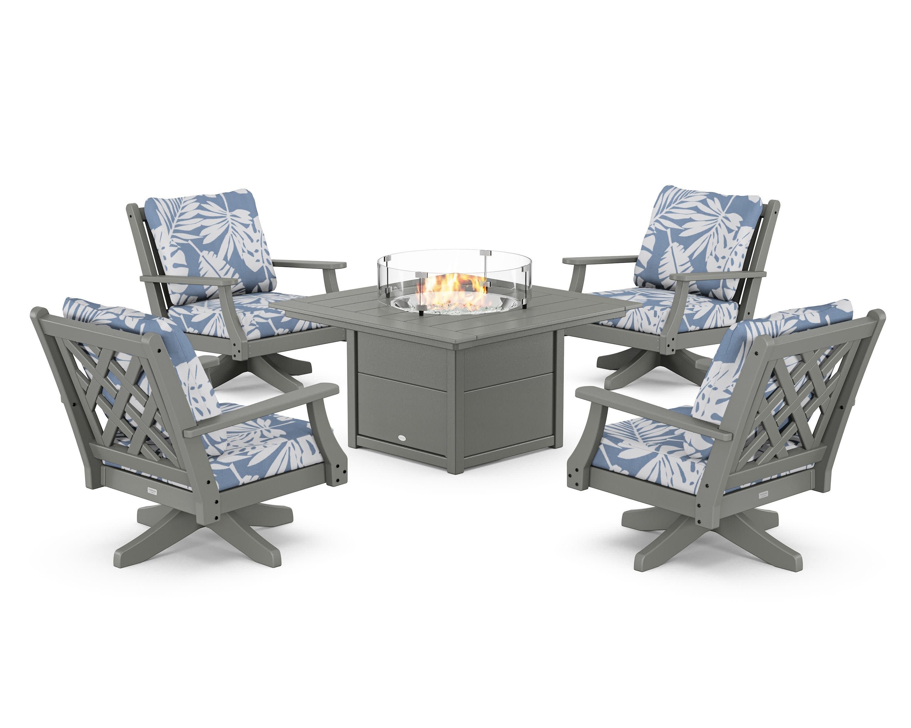 Wovendale 5-Piece Deep Seating Swivel Conversation Set with Fire Pit Table in Slate Grey / Leaf Sky Blue