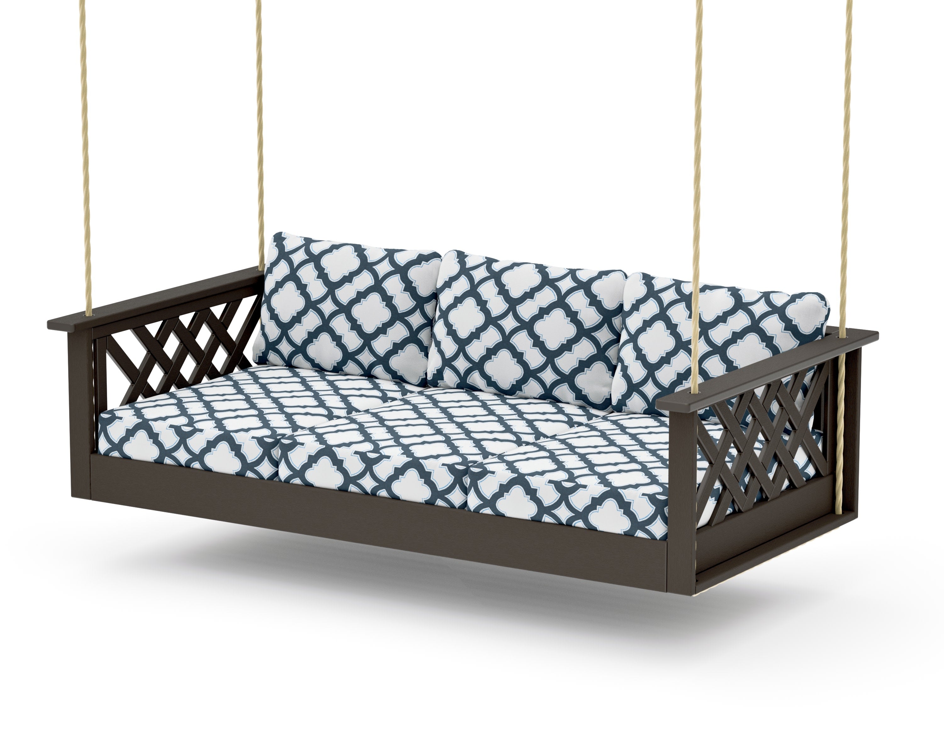 Wovendale Daybed Swing in Vintage Coffee / Trellis Marine Indigo