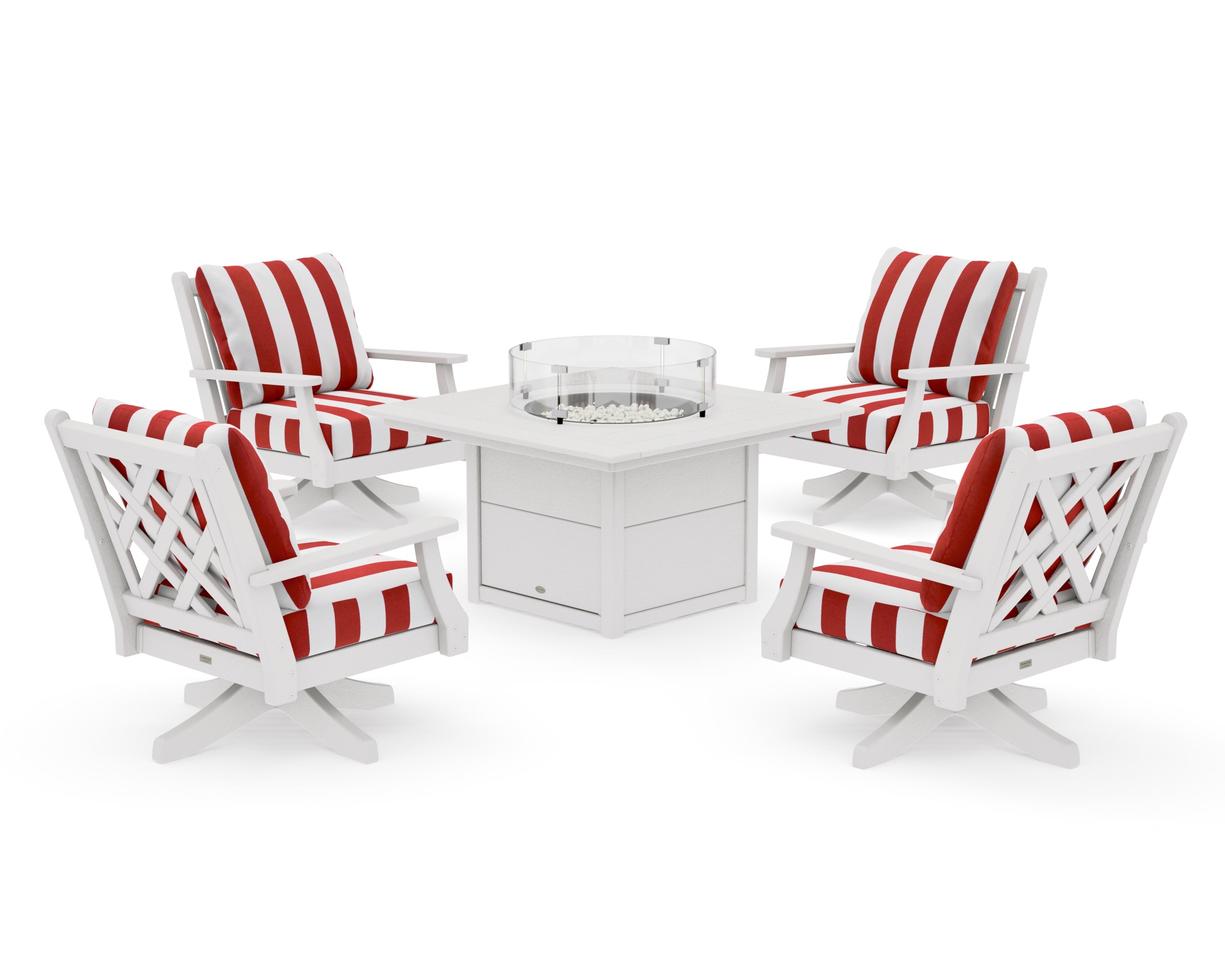 Wovendale 5-Piece Deep Seating Swivel Conversation Set with Fire Pit Table in Vintage White / Cabana Stripe Crimson