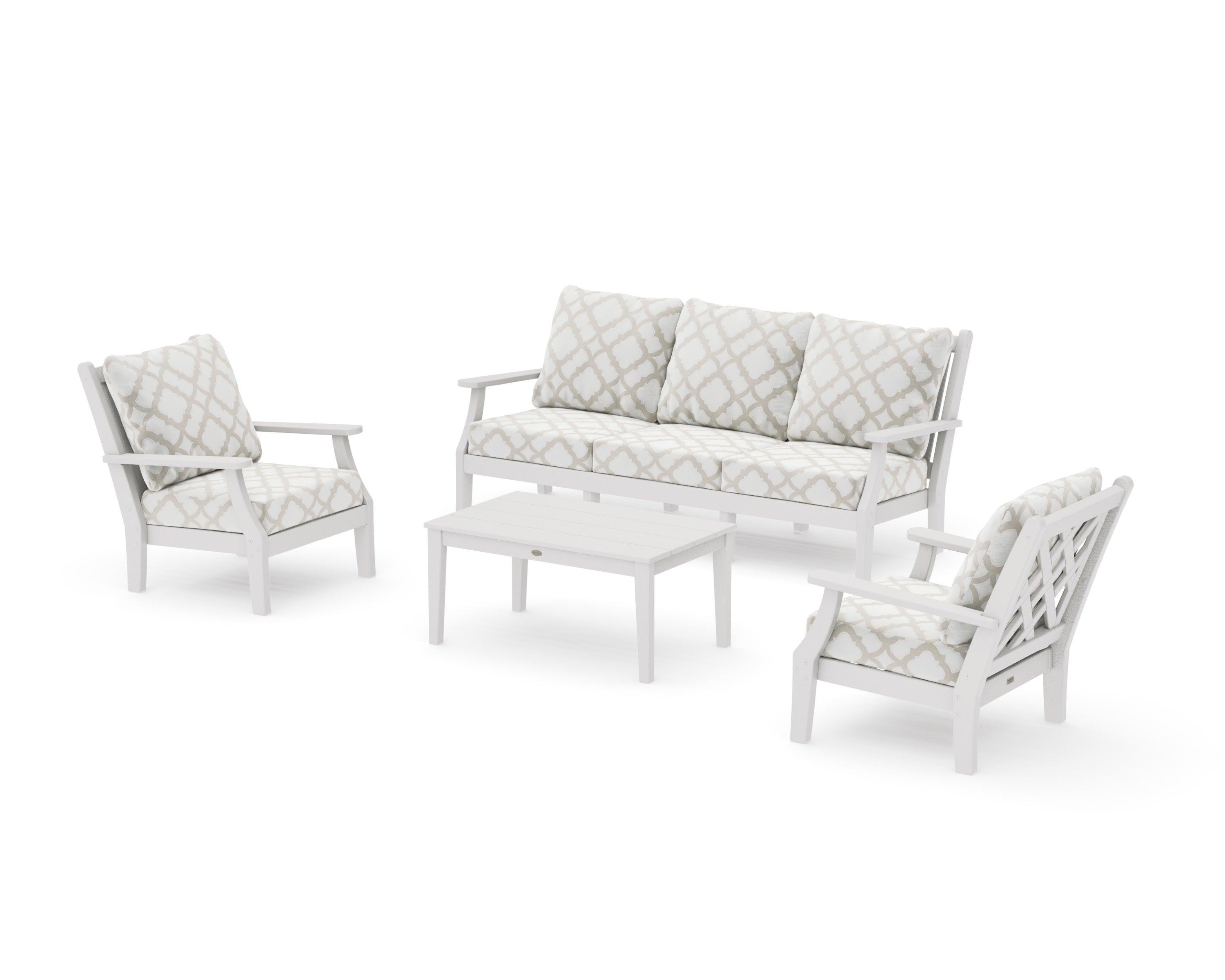 Wovendale 4-Piece Deep Seating Set with Sofa in Vintage White / Trellis Dune Burlap