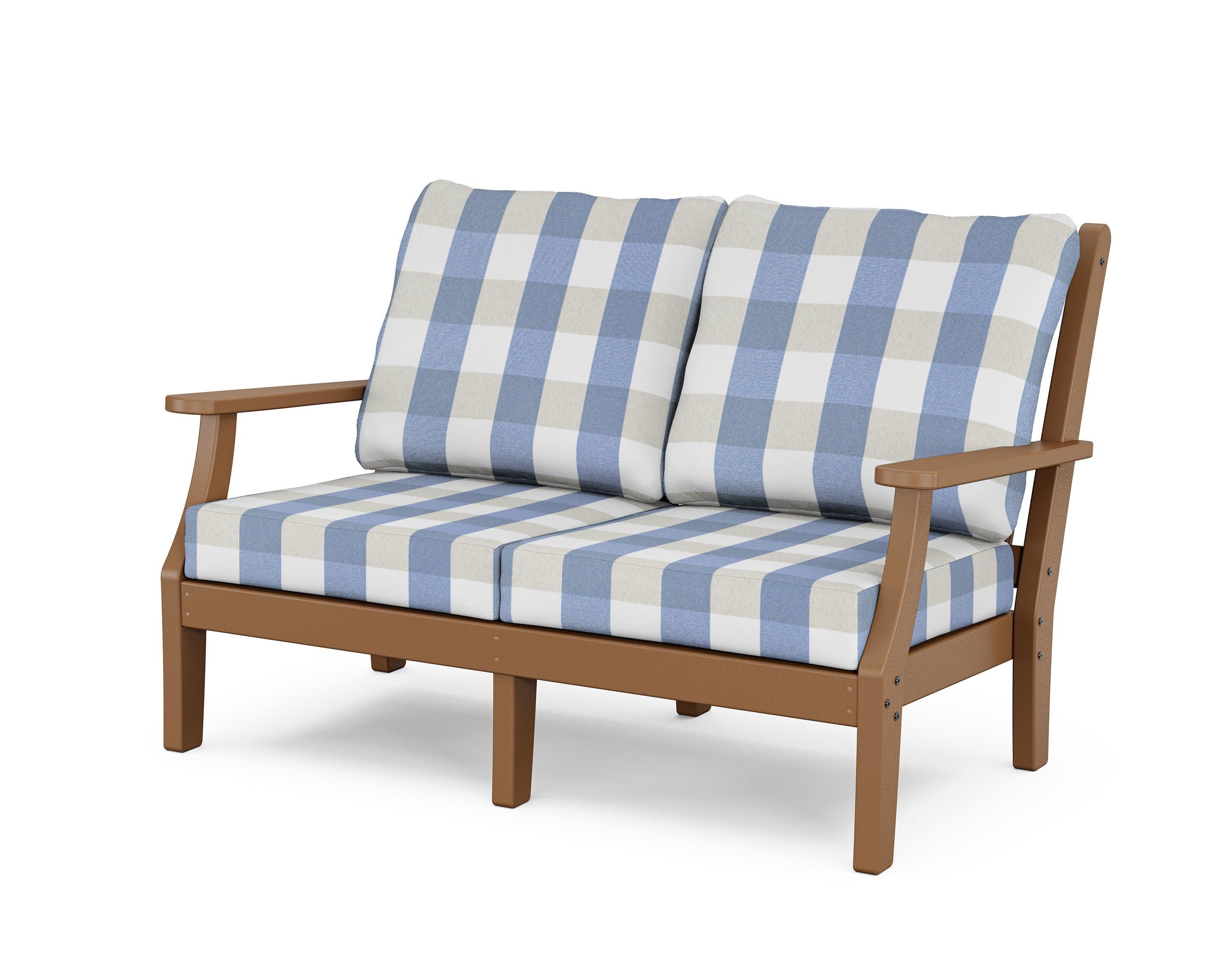 Wovendale Deep Seating Loveseat in Teak / Buffalo Plaid Sky Blue