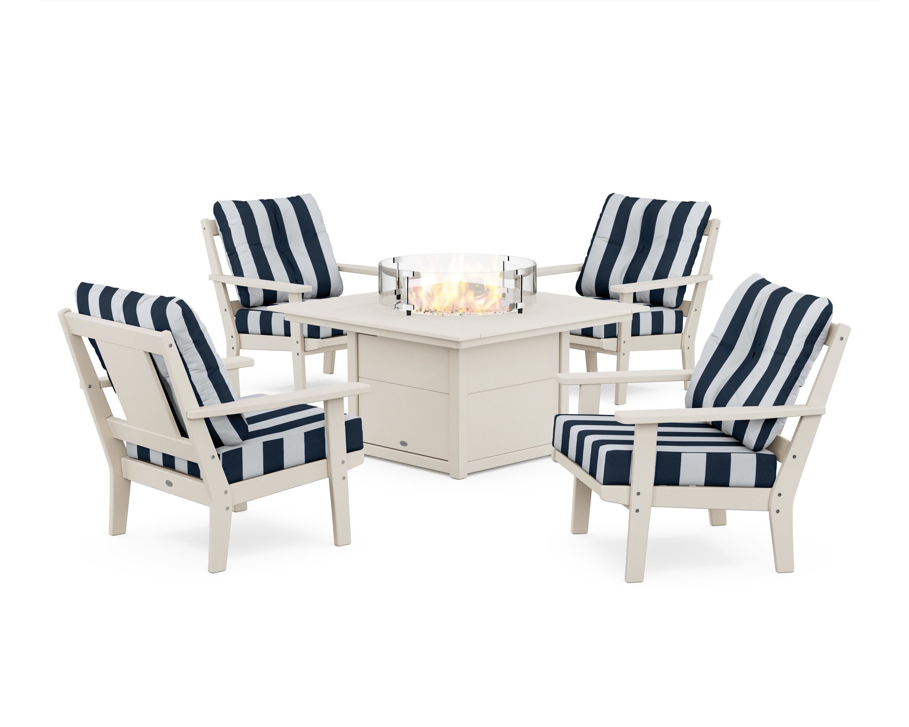 Prairie 5-Piece Deep Seating Set with Fire Pit Table in Sand / Cabana Stripe Marine Indigo
