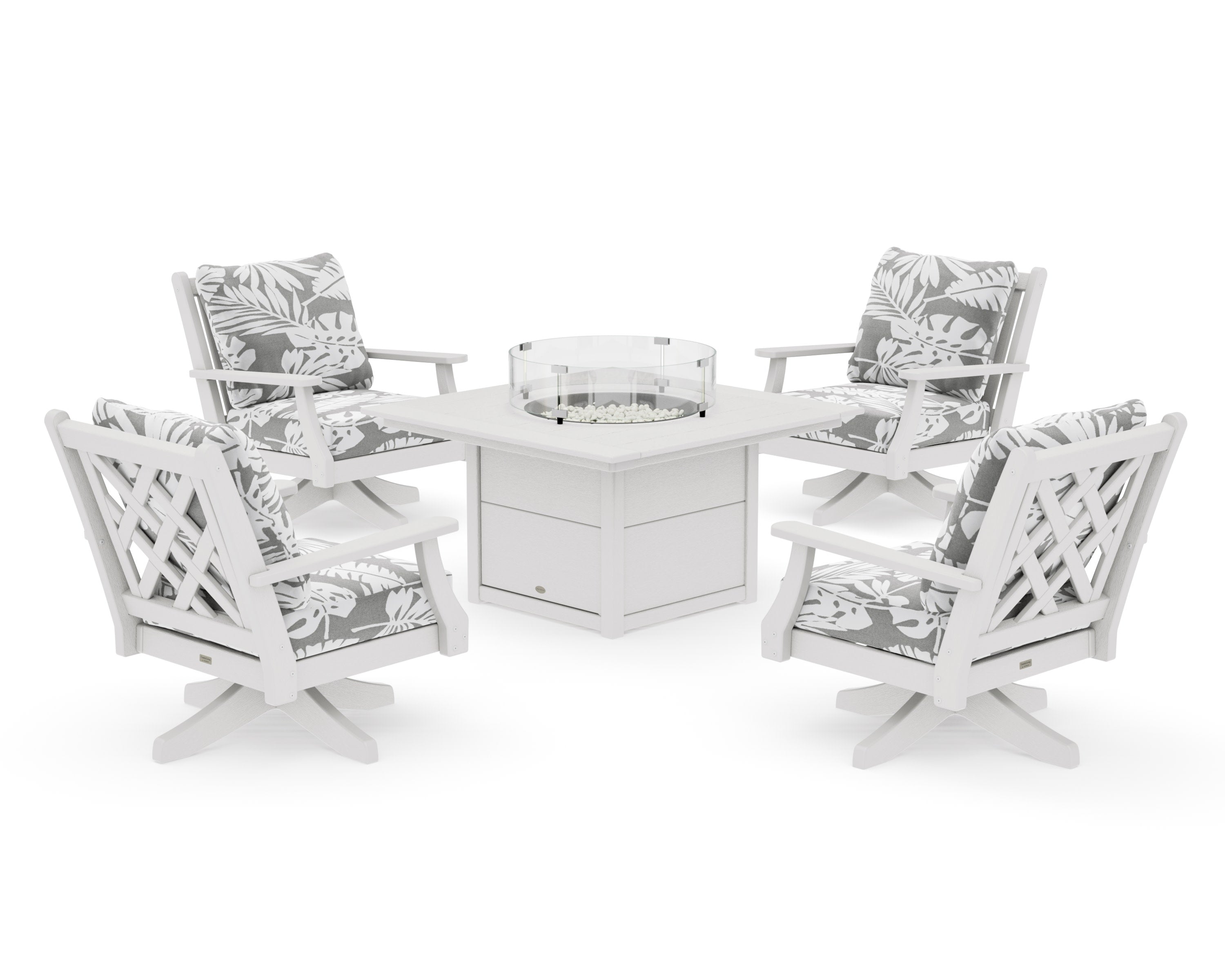 Wovendale 5-Piece Deep Seating Swivel Conversation Set with Fire Pit Table in Vintage White / Leaf Grey Mist