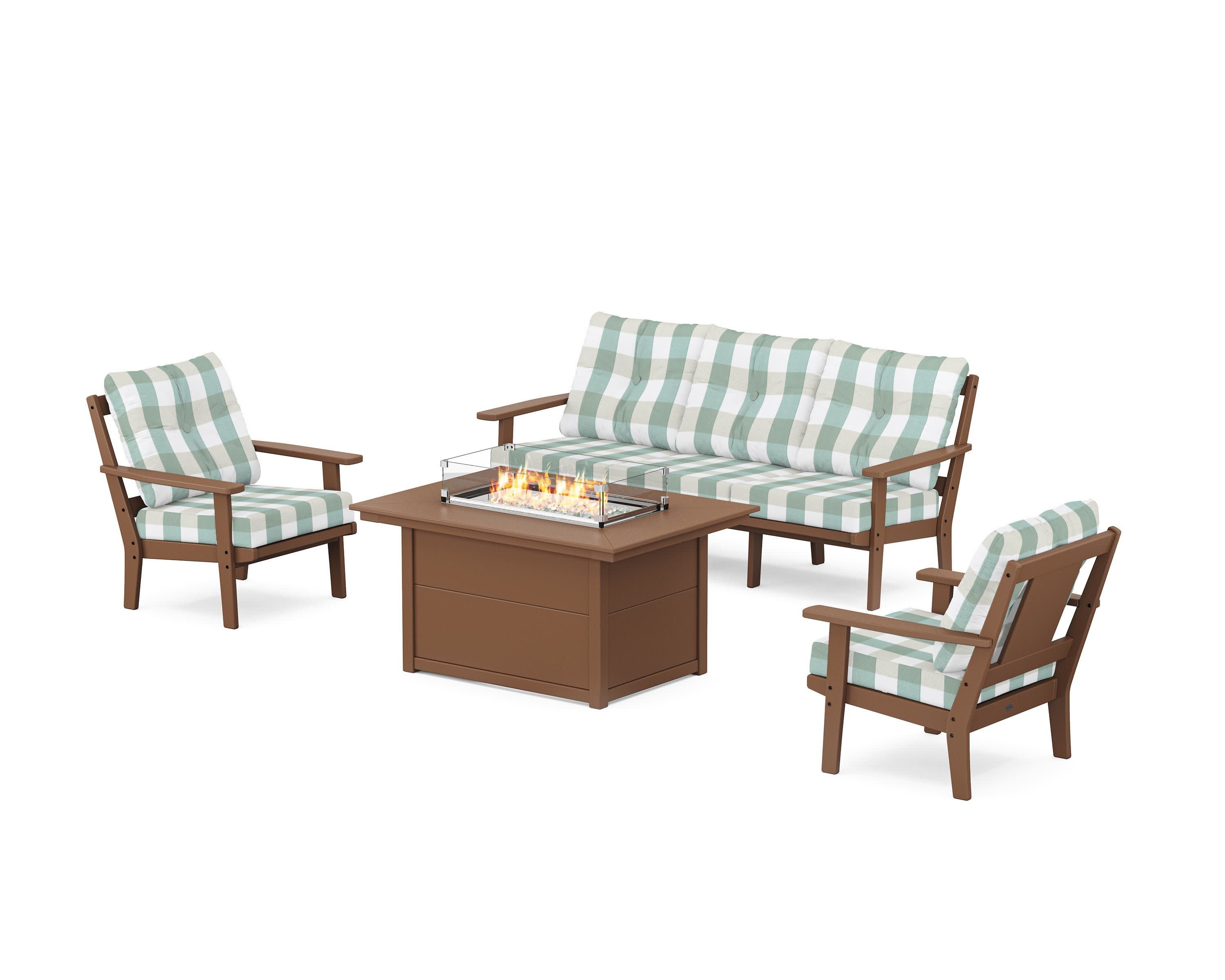 Prairie Deep Seating Fire Pit Table Set in Teak / Buffalo Plaid Glacier Spa