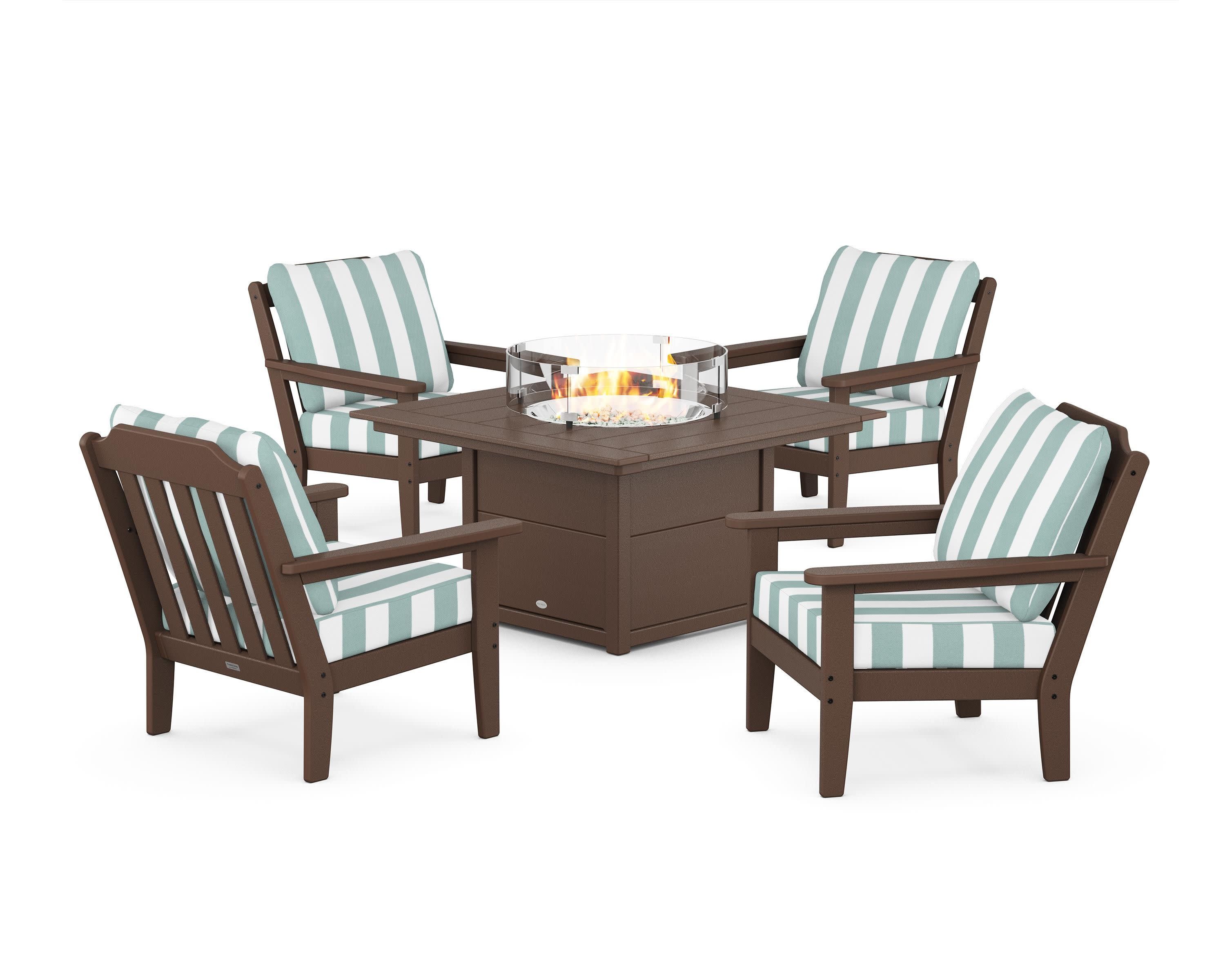 Cottage 5-Piece Deep Seating Set with Fire Pit Table in Mahogany / Cabana Stripe Glacier Spa