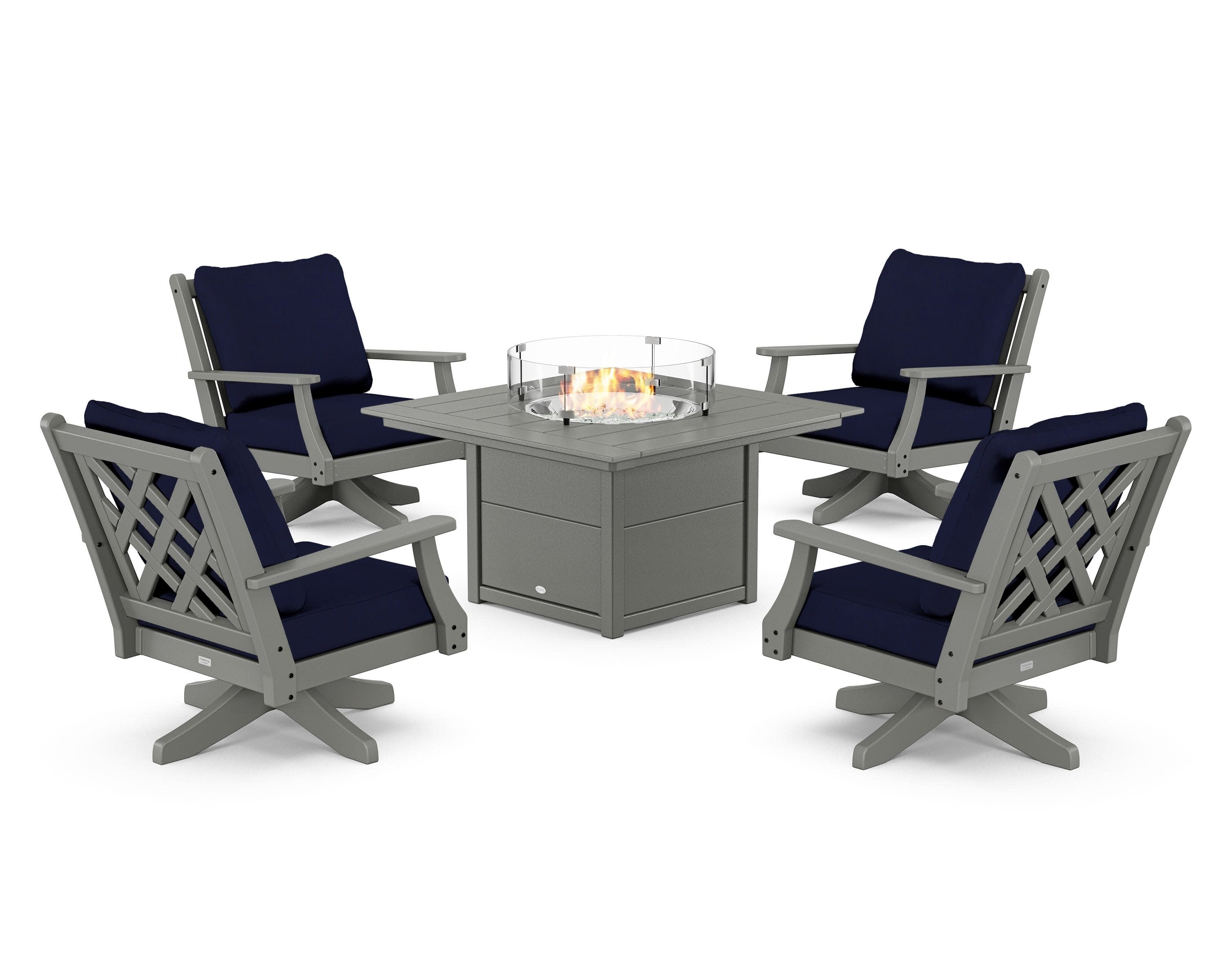 Wovendale 5-Piece Deep Seating Swivel Conversation Set with Fire Pit Table in Slate Grey / Navy