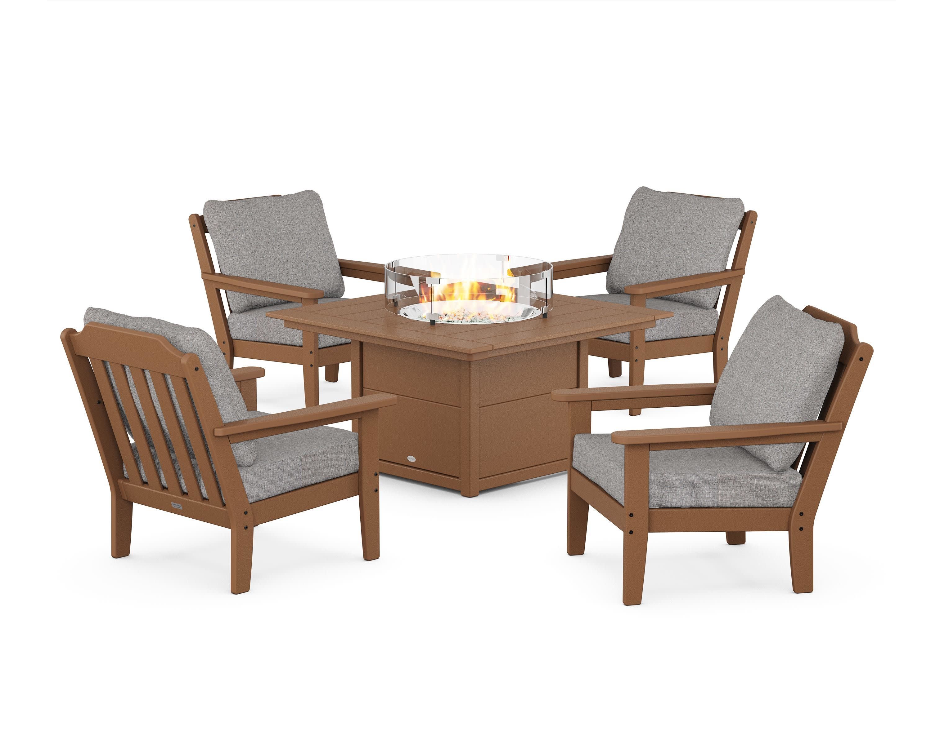 Cottage 5-Piece Deep Seating Set with Fire Pit Table in Teak / Grey Mist