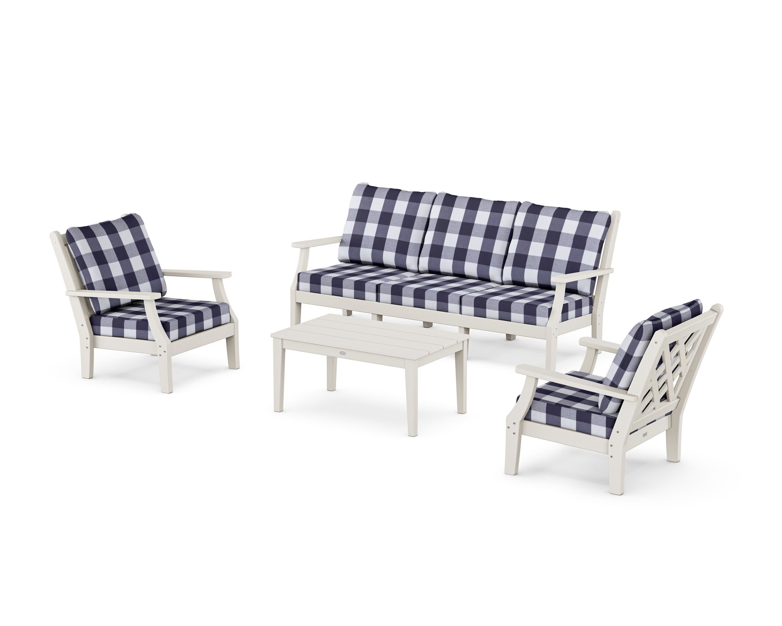 Wovendale 4-Piece Deep Seating Set with Sofa in Sand / Buffalo Plaid Navy