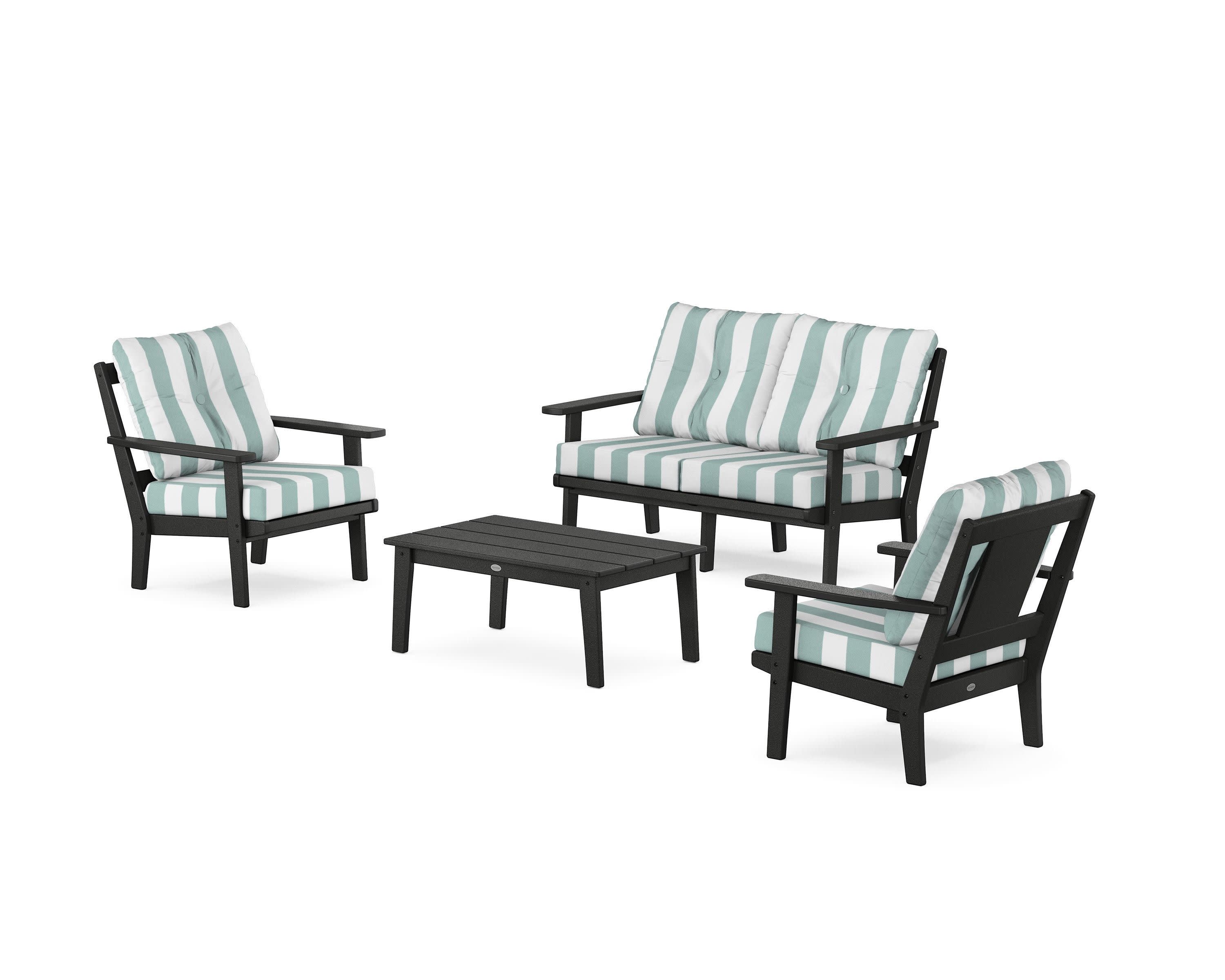 Prairie 4-Piece Deep Seating Set with Loveseat in Black / Cabana Stripe Glacier Spa