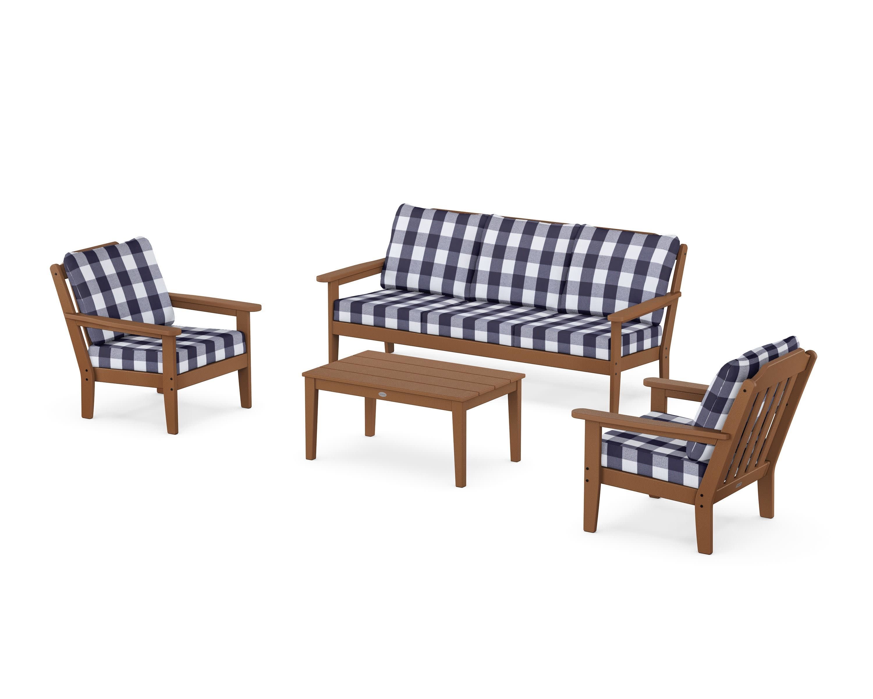 Cottage 4-Piece Deep Seating Set with Sofa in Teak / Buffalo Plaid Navy