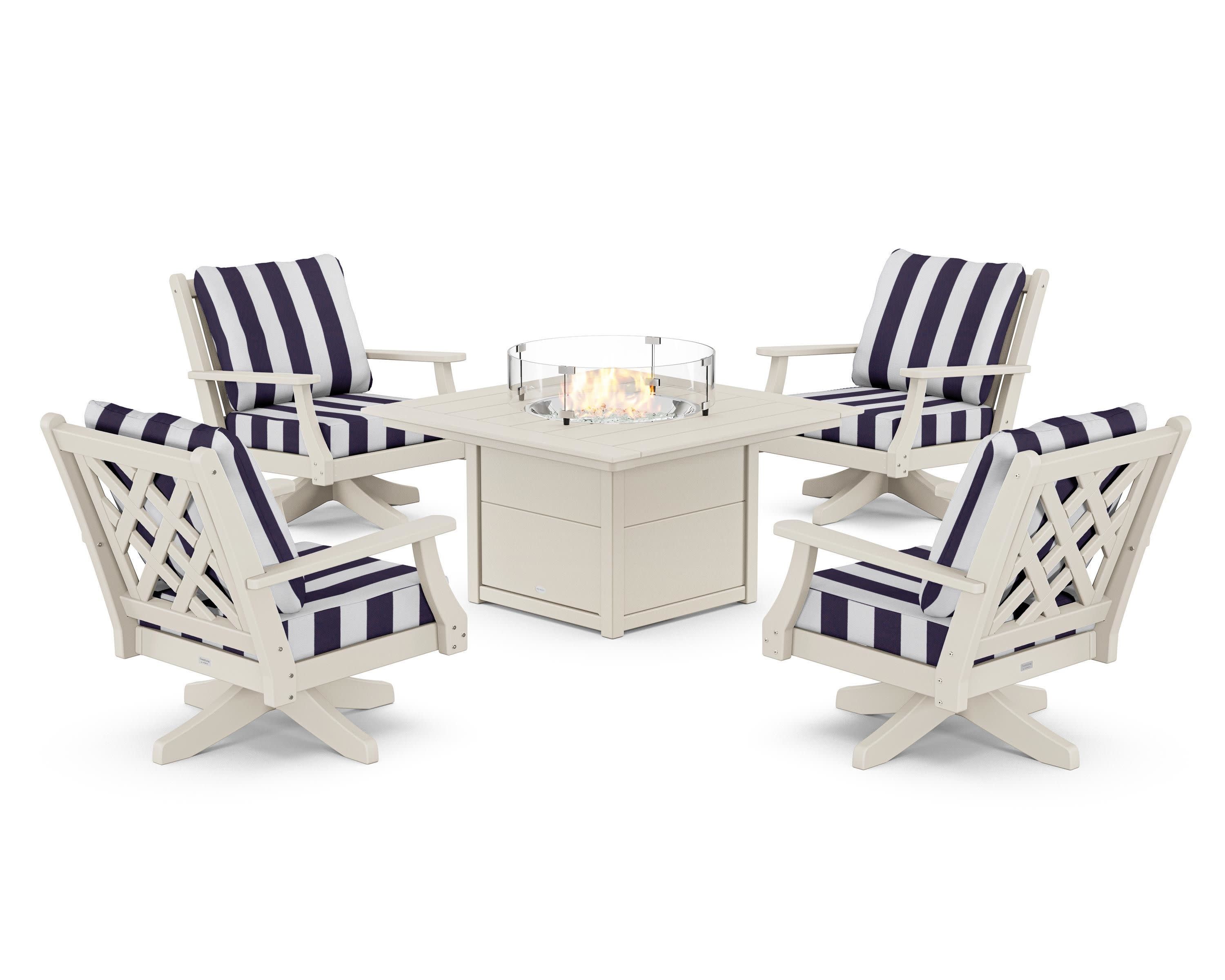 Wovendale 5-Piece Deep Seating Swivel Conversation Set with Fire Pit Table in Sand / Cabana Stripe Navy