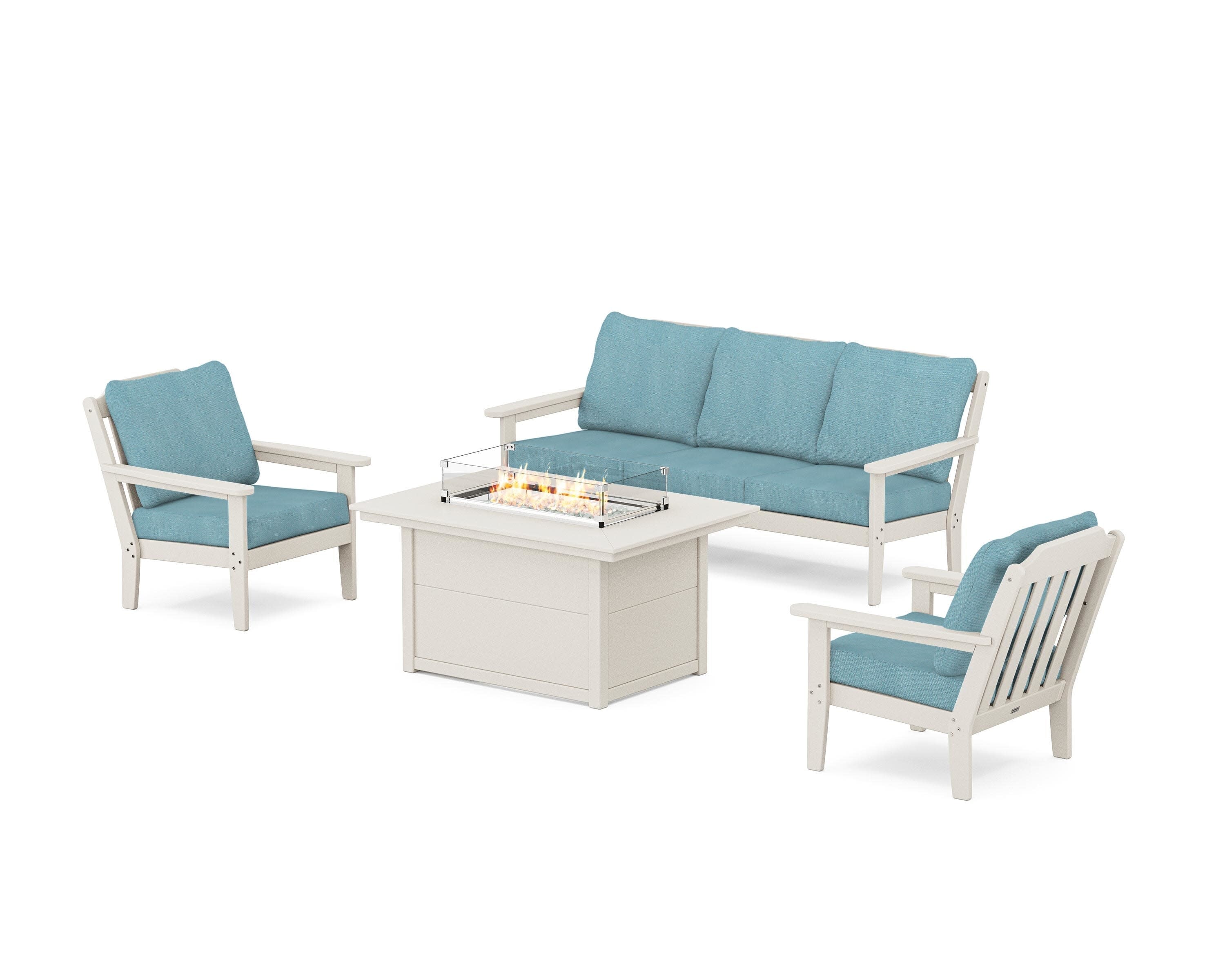 Cottage Deep Seating Fire Pit Table Set in Sand / Lattice Sky Blue
