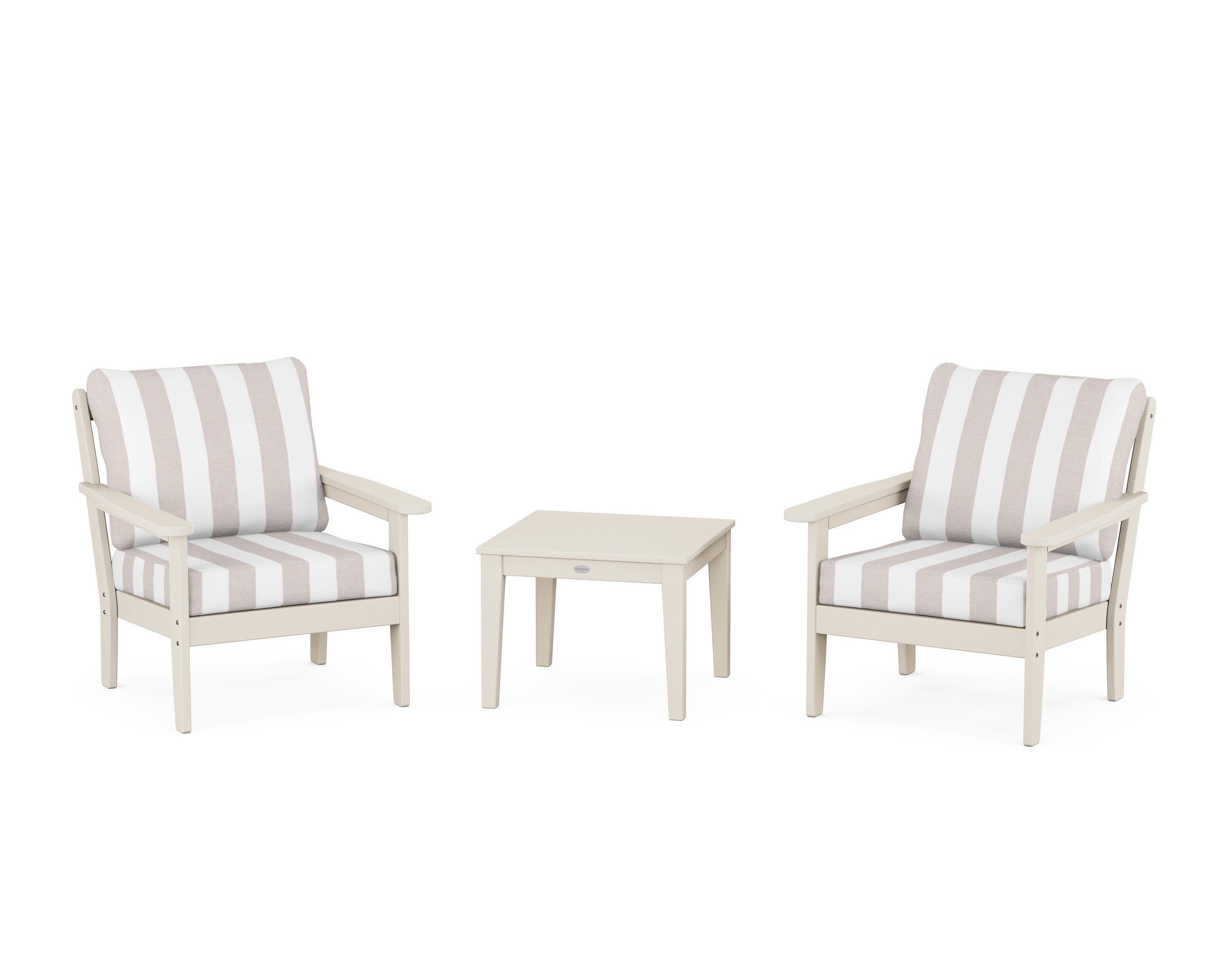 Cottage 3-Piece Deep Seating Set in Sand / Cabana Stripe Dune Burlap