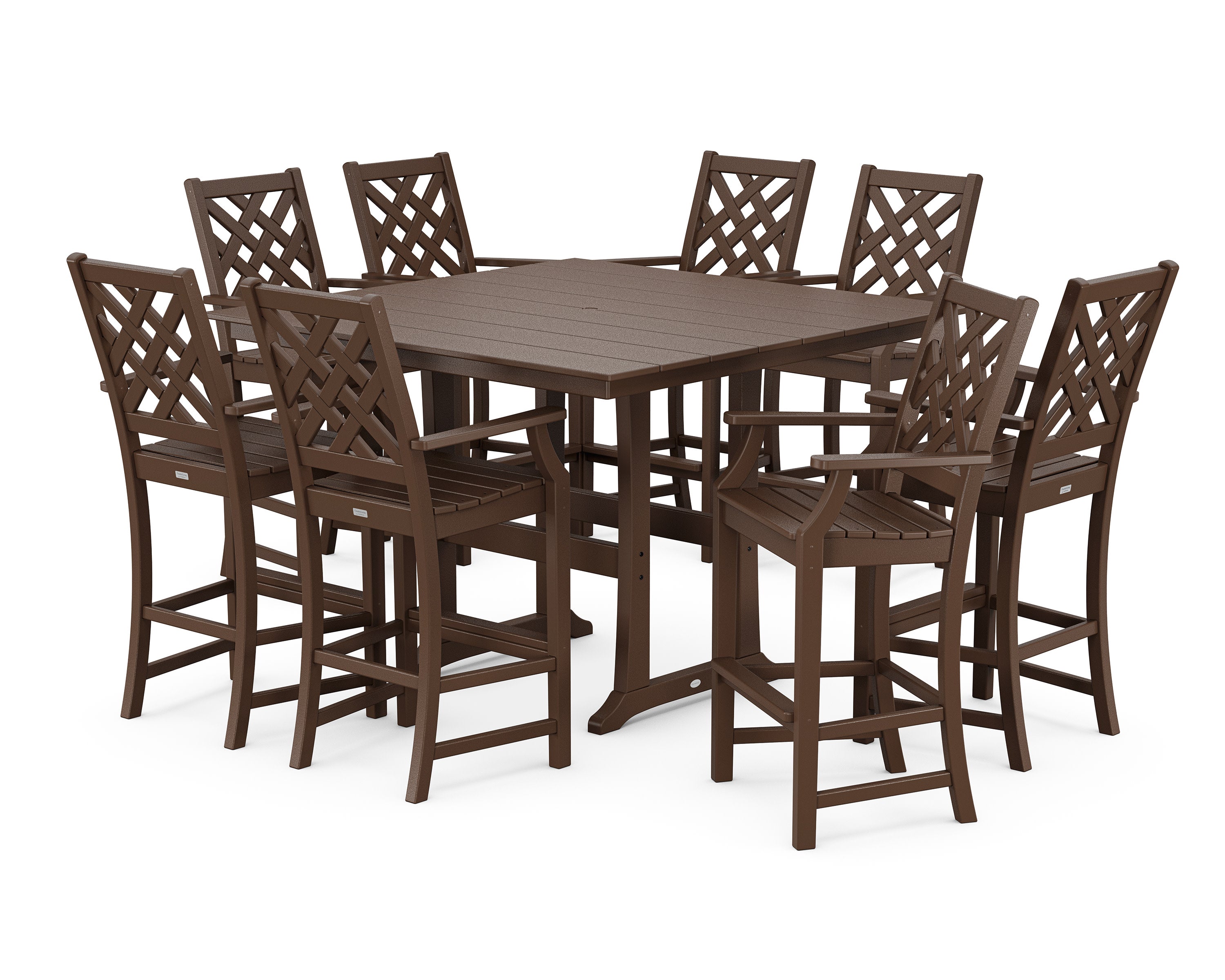 Wovendale 9-Piece Square Farmhouse Bar Set with Trestle Legs in Mahogany
