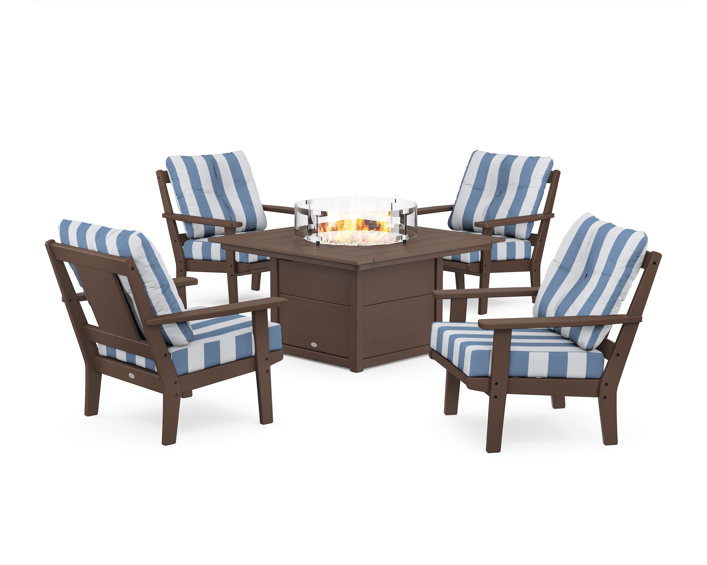 Prairie 5-Piece Deep Seating Set with Fire Pit Table in Mahogany / Cabana Stripe Sky Blue