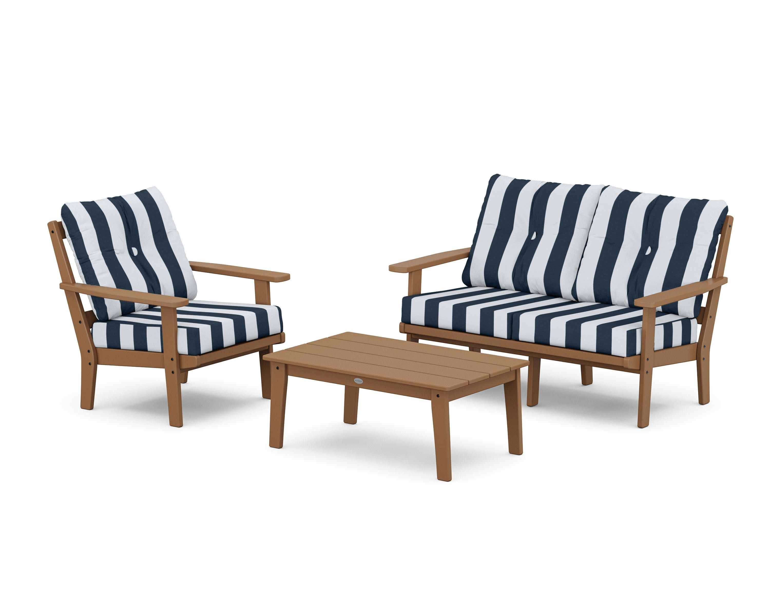 Prairie 3-Piece Deep Seating Set with Loveseat in Teak / Cabana Stripe Marine Indigo