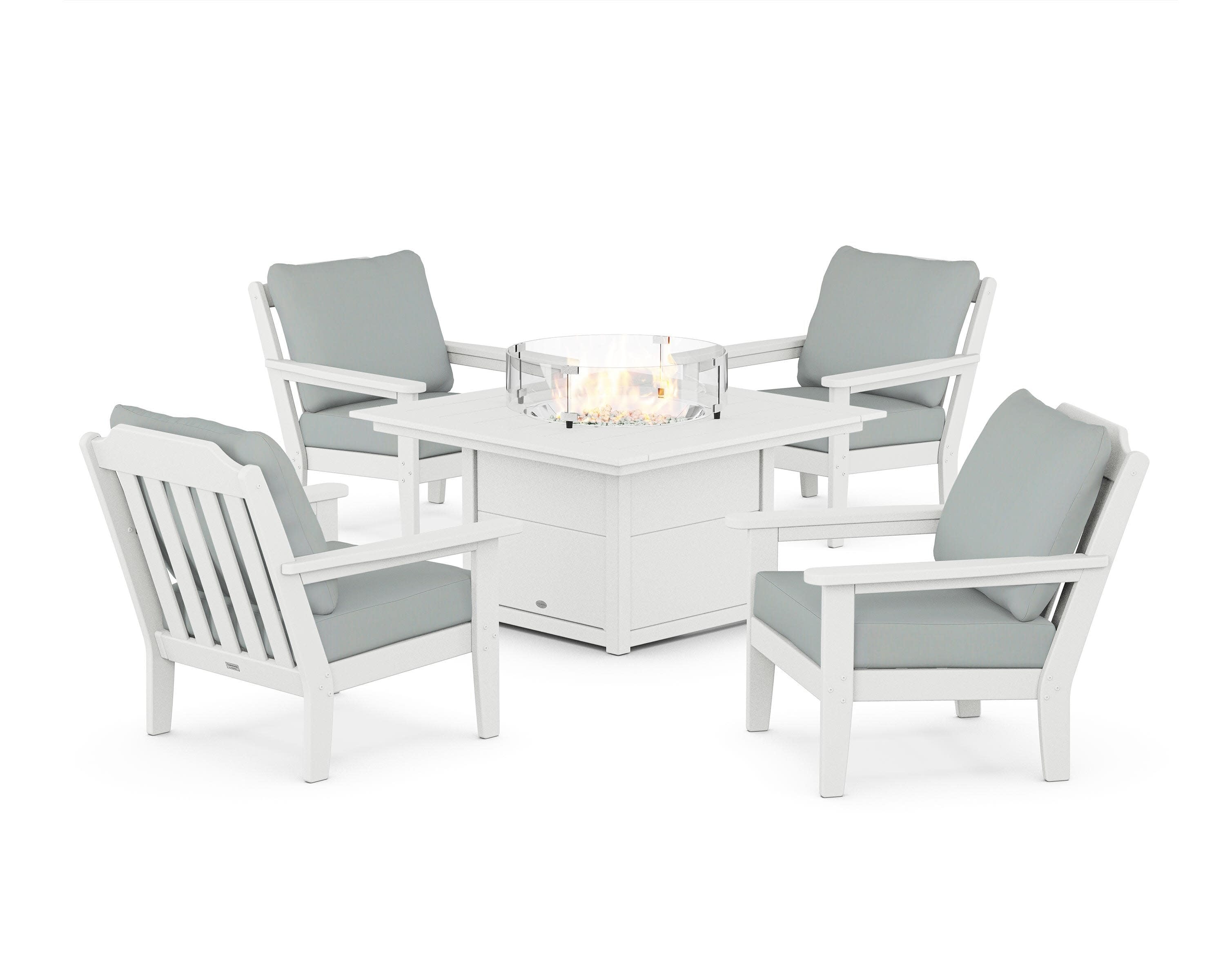 Cottage 5-Piece Deep Seating Set with Fire Pit Table in White / Spa