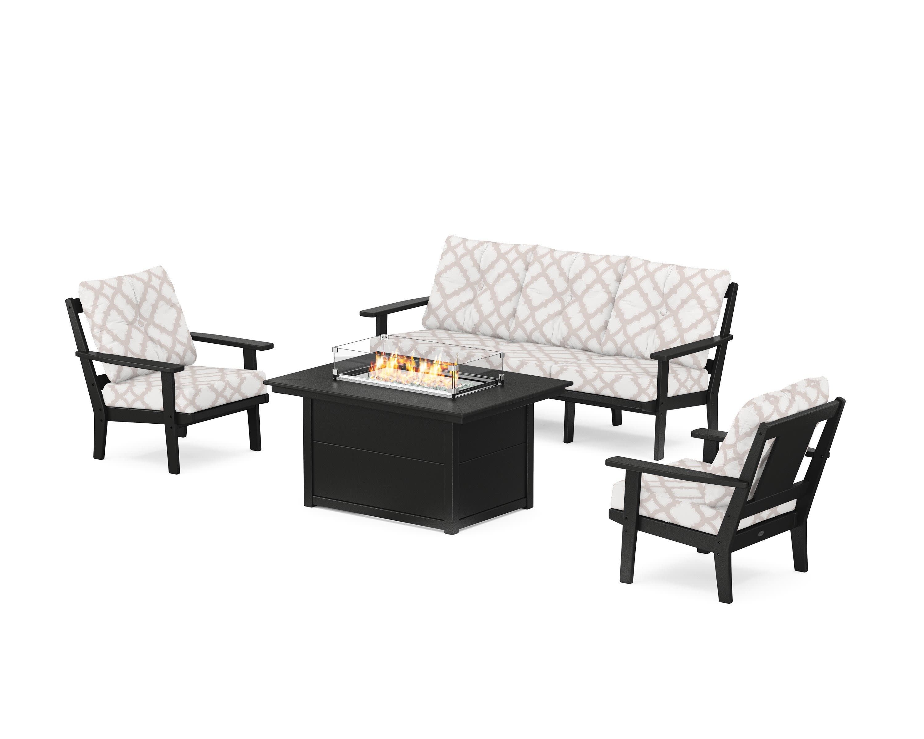 Prairie Deep Seating Fire Pit Table Set in Black / Trellis Dune Burlap